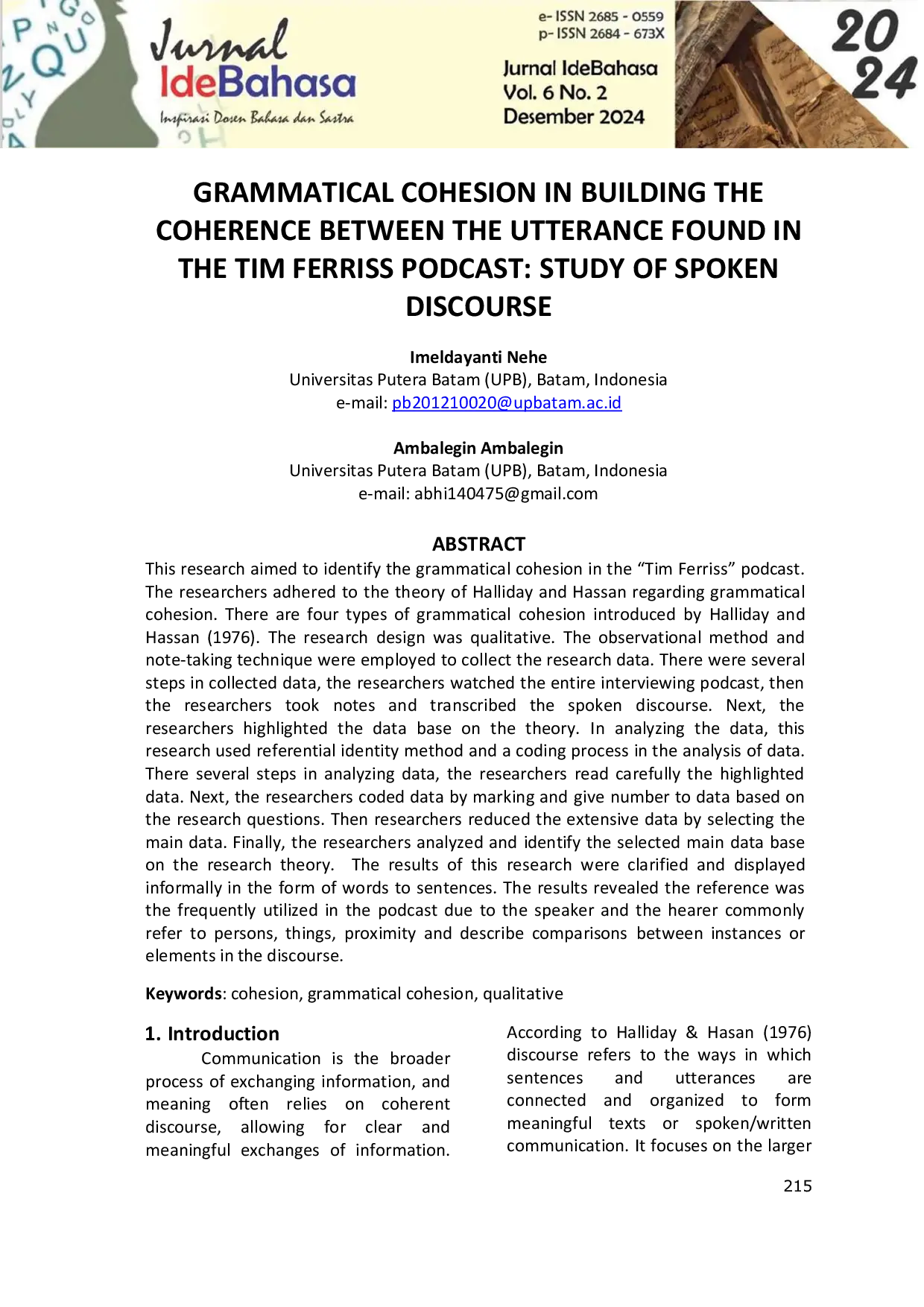 JURIS Grammatical Cohesion In Building The Coherence Between The Utterance Found In The Tim Ferriss Podcast Study Of Spoken Discussion