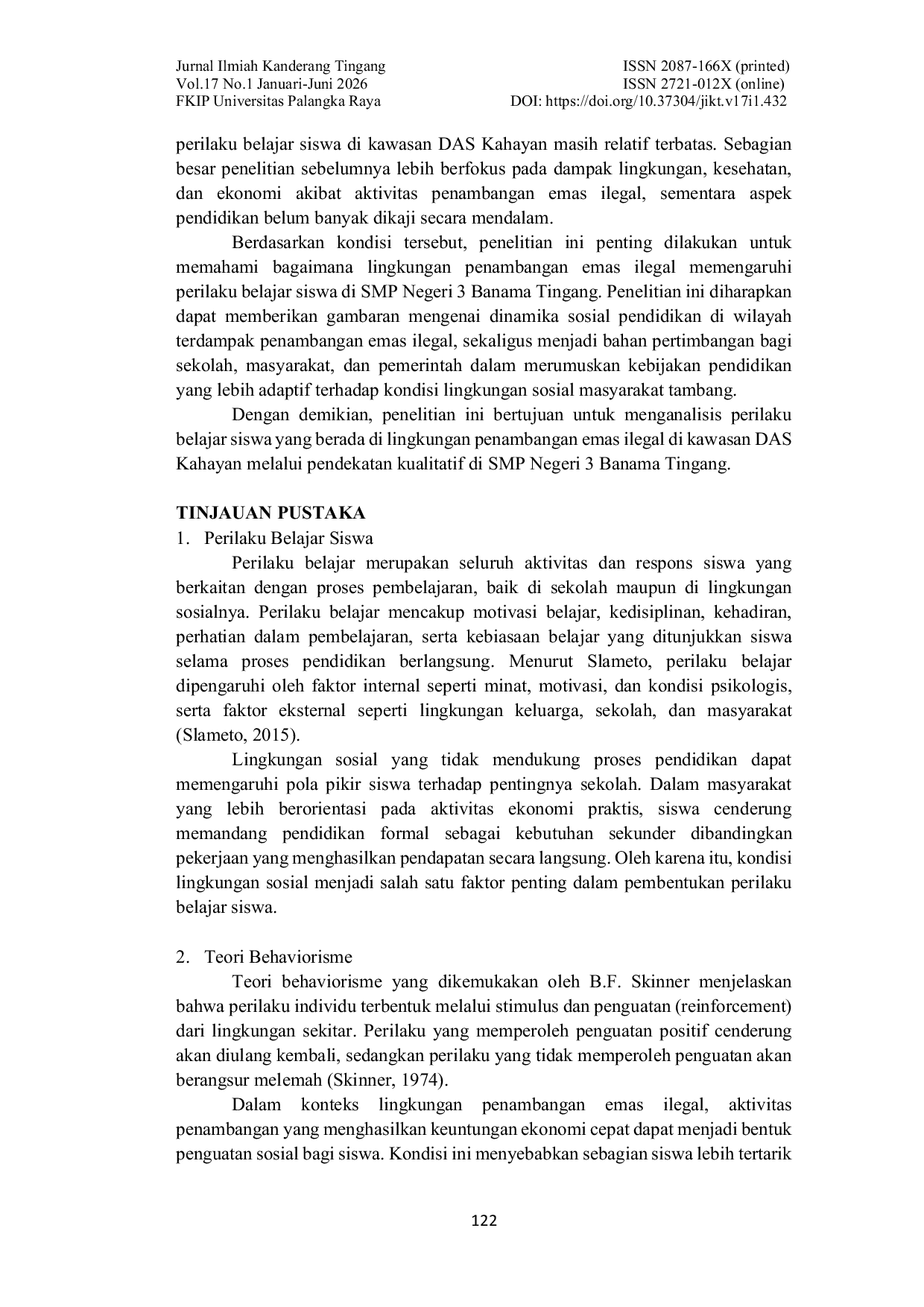 JURIS Perilaku Belajar Siswa di Lingkungan Penambangan Emas Ilegal Studi Kualitatif di SMP Negeri 3 Banama Tingang