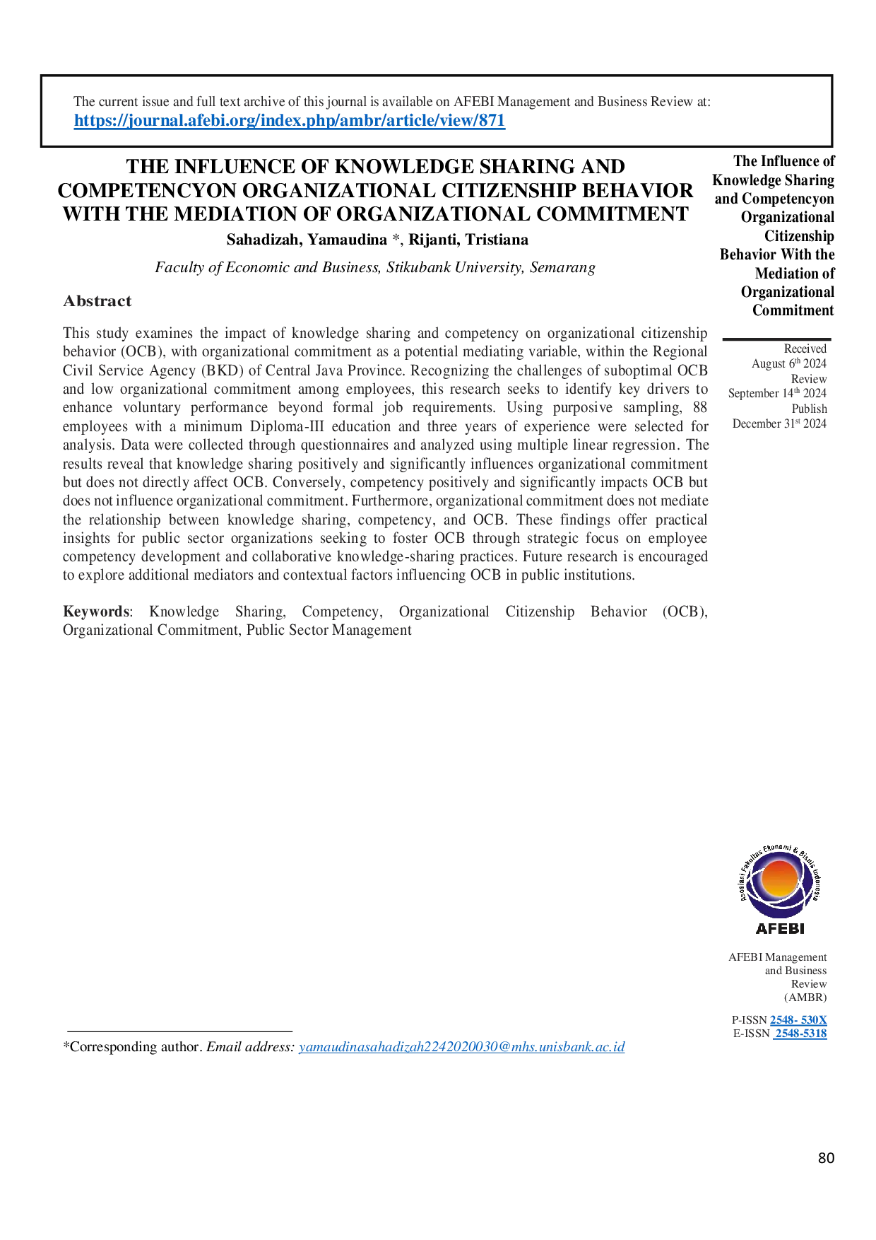 JURIS The Influence of Knowledge Sharing and Competency on Organizational Citizenship Behavior with the Mediation of Organizational Commitment