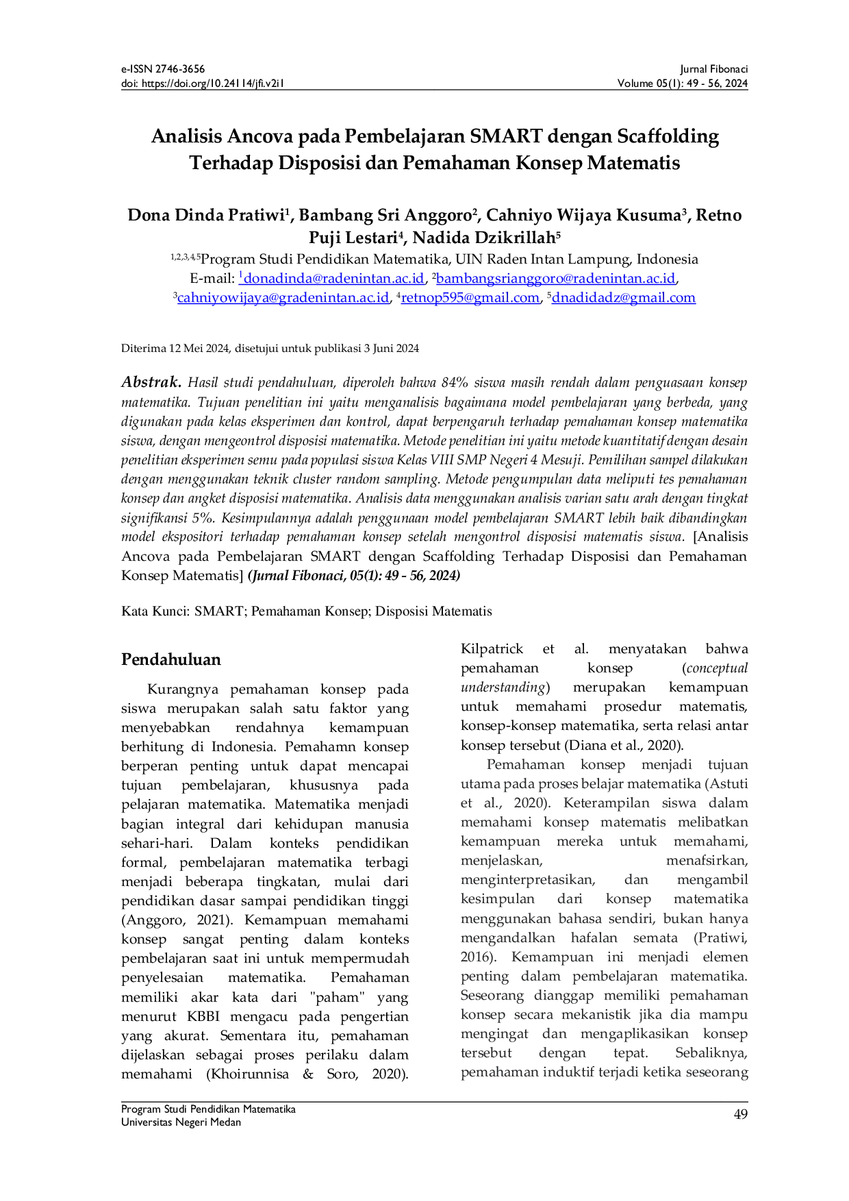 JURIS Analisis Ancova pada Pembelajaran SMART dengan Scaffolding Terhadap Posisi dan Pemahaman Konsep Matematis