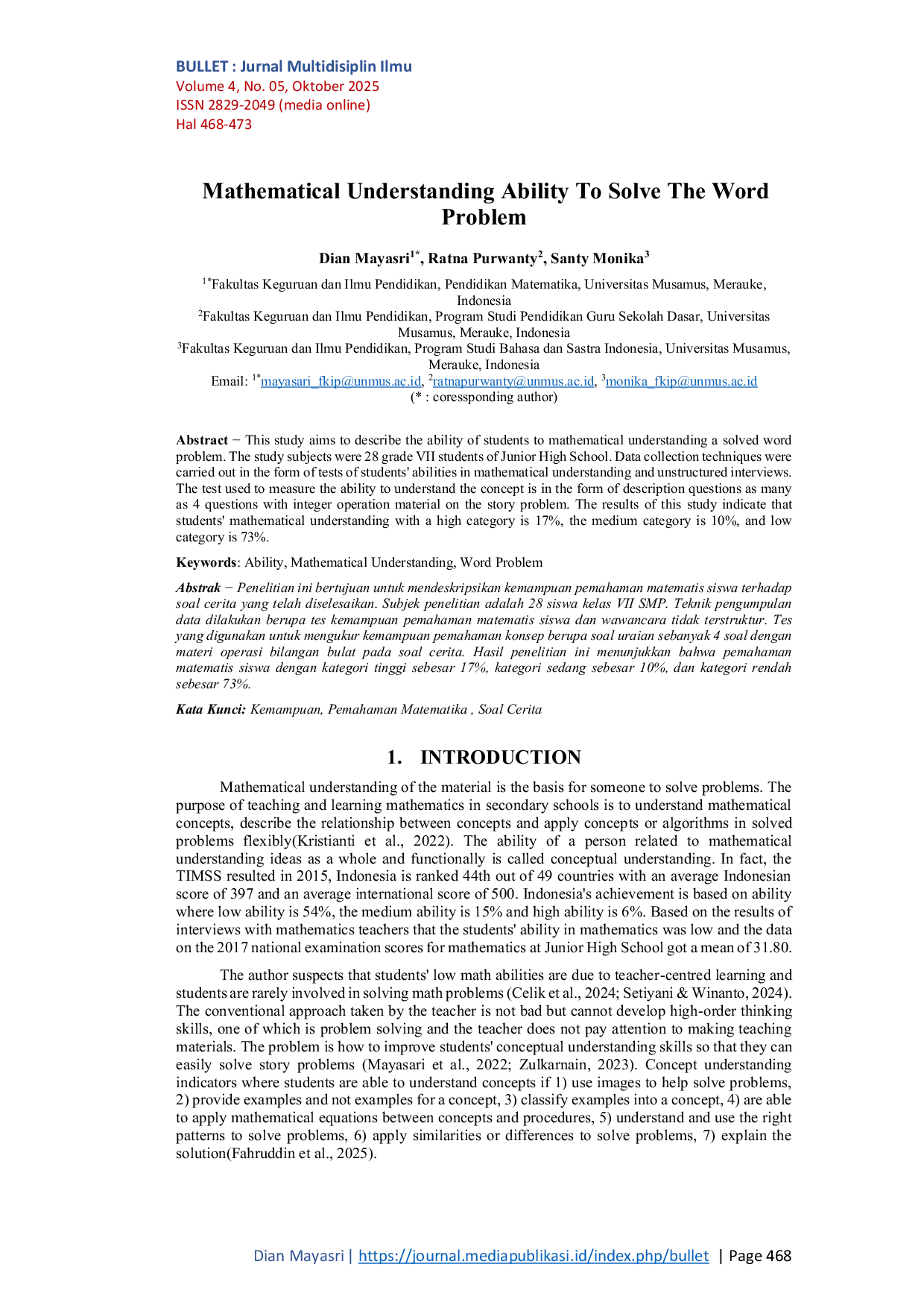 JURIS Kemampuan Pemahaman Matematis Untuk Menyelesaikan Soal Cerita
