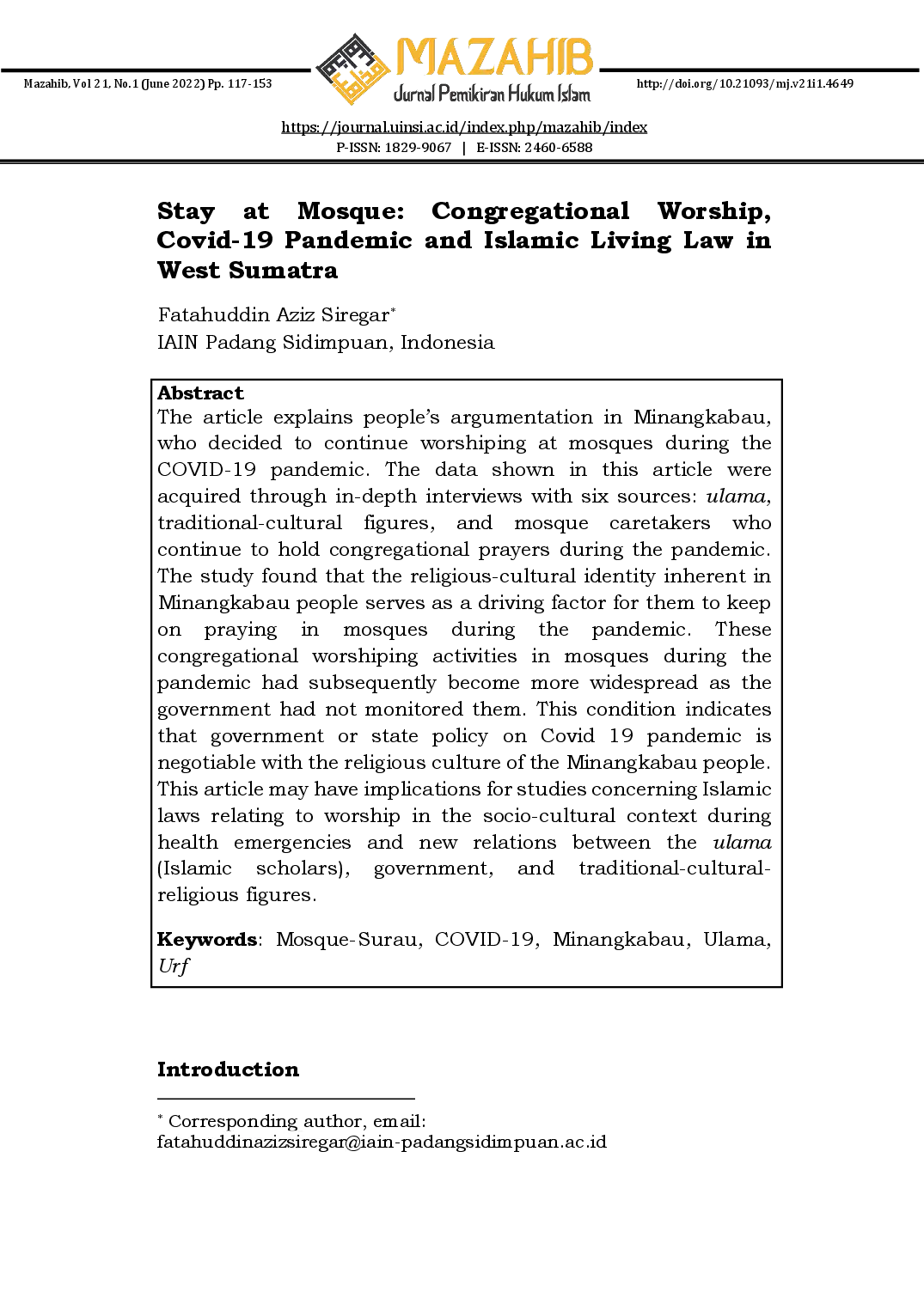 juris Stay at Mosque Congregational Worship Covid 19 Pandemic and Islamic Living Law in West Sumatra