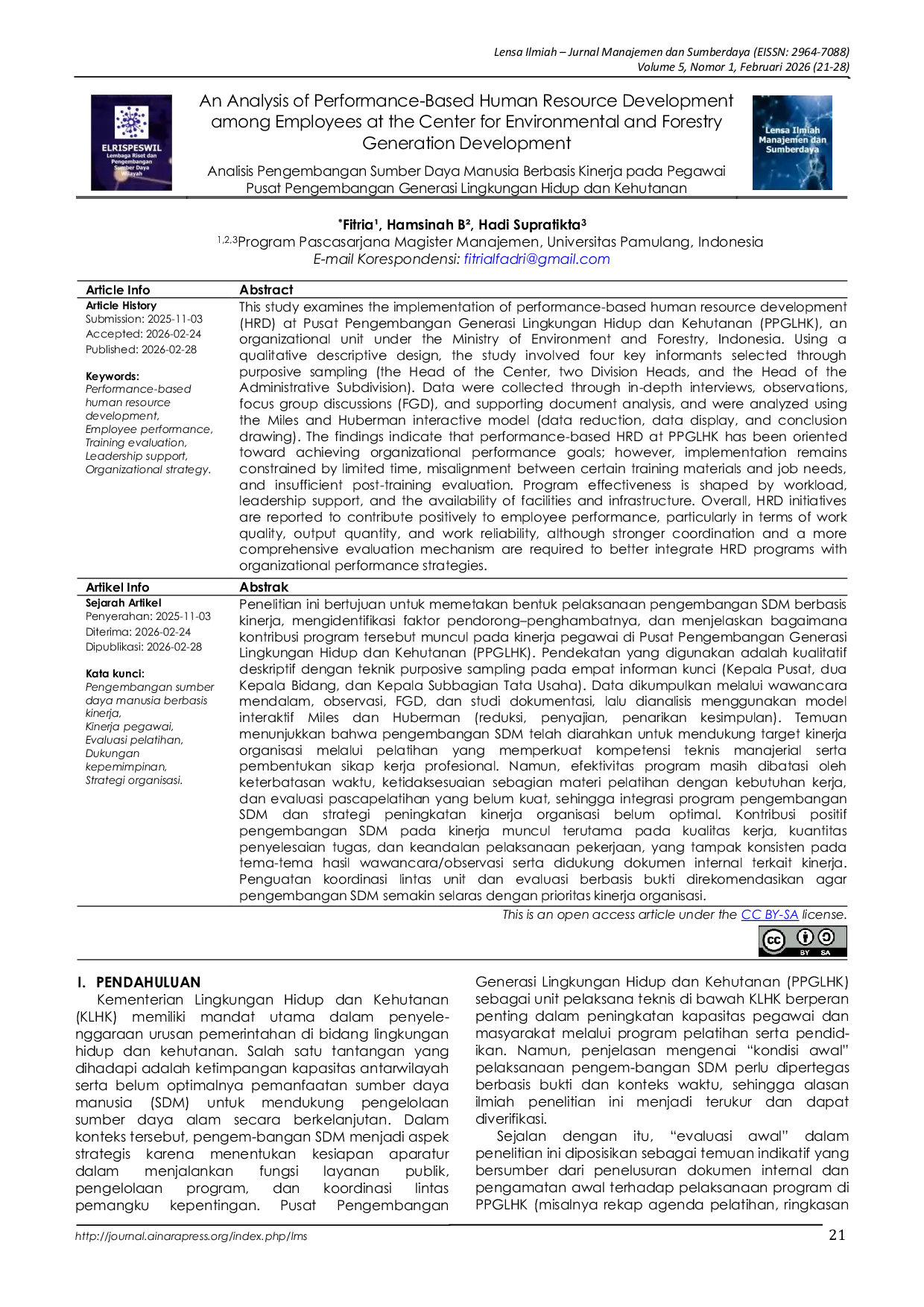 JURIS An Analysis of Performance Based Human Resource Development among Employees at the Center for Environmental and Forestry Generation Development