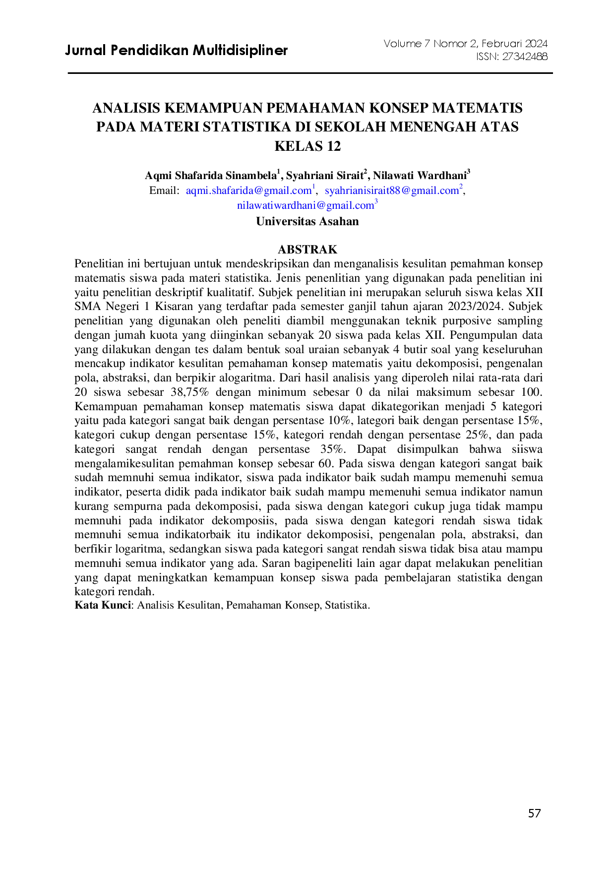 juris Analisis Kemampuan Pemahaman Konsep Matematis Pada Materi Statistika Di Sekolah Menengah Atas Klas 12