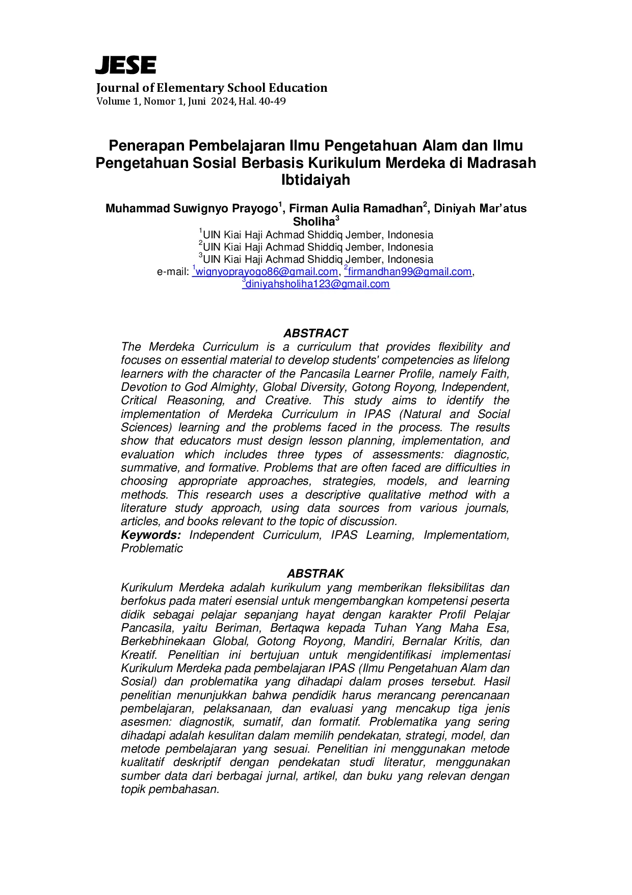 juris Penerapan Pembelajaran Ilmu Pengetahuan Alam dan Ilmu Pengetahuan Sosial Berbasis Kurikulum Merdeka di Madrasah Ibtidaiyah