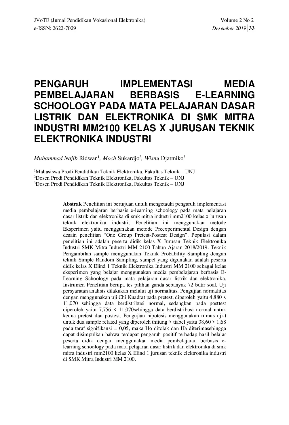 JURIS Pengaruh Implementasi Media Pembelajaran Berbasis E Learning Schoology Pada Mata Pelajaran Dasar Listrik dan Elektronika di SMK Mitra Industri MM2100 Kelas X Jurusan Teknik Elektronika Industri