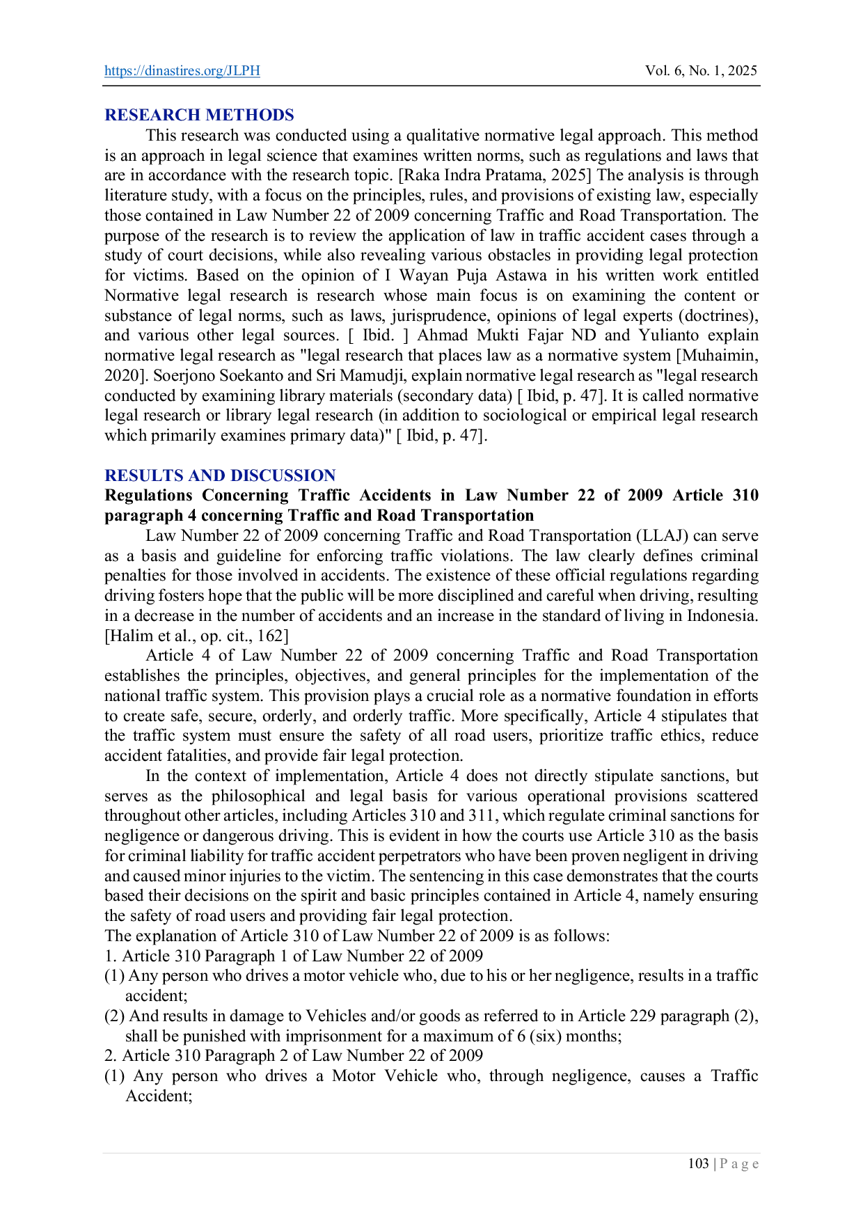JURIS Judges Considerations On Traffic Accident Cases In Relation To The Law On Road Traffic And Transportation Decision Study Number 35 Pid Sus 2022 Pn Pwk