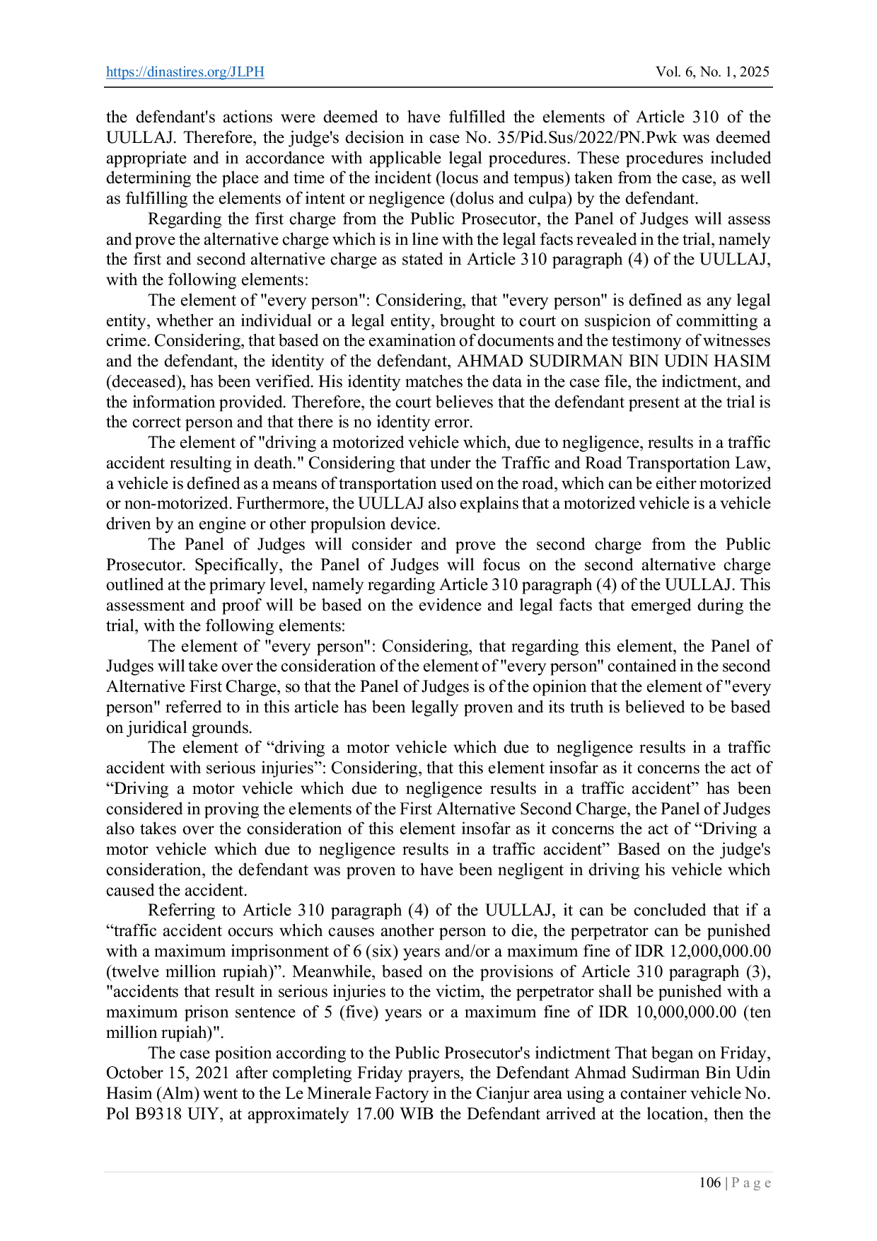JURIS Judges Considerations On Traffic Accident Cases In Relation To The Law On Road Traffic And Transportation Decision Study Number 35 Pid Sus 2022 Pn Pwk
