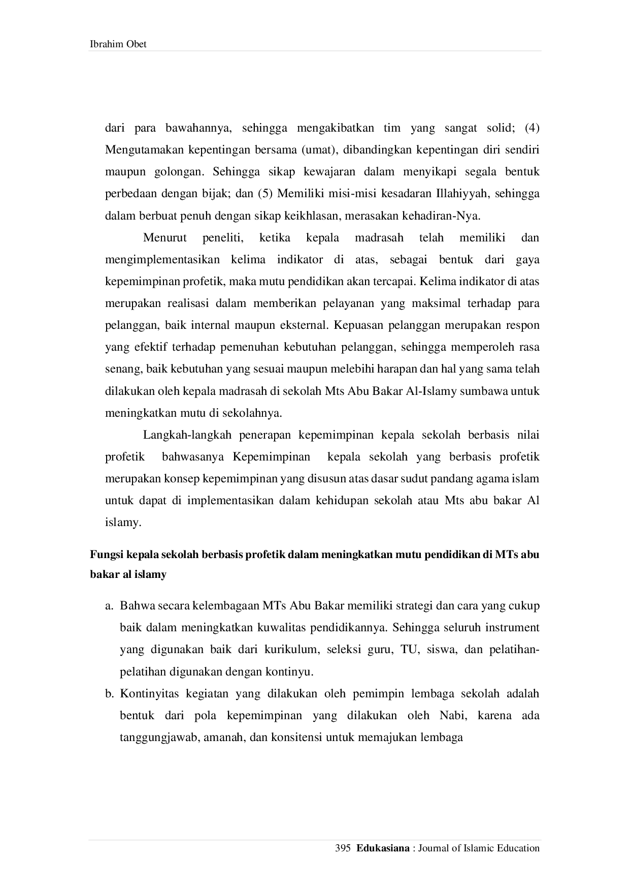 JURIS Principal Leadership Model Based on Prophetic Values in Improving the Quality of Education at Mts Abu Bakar Al Islamy Sumbawa