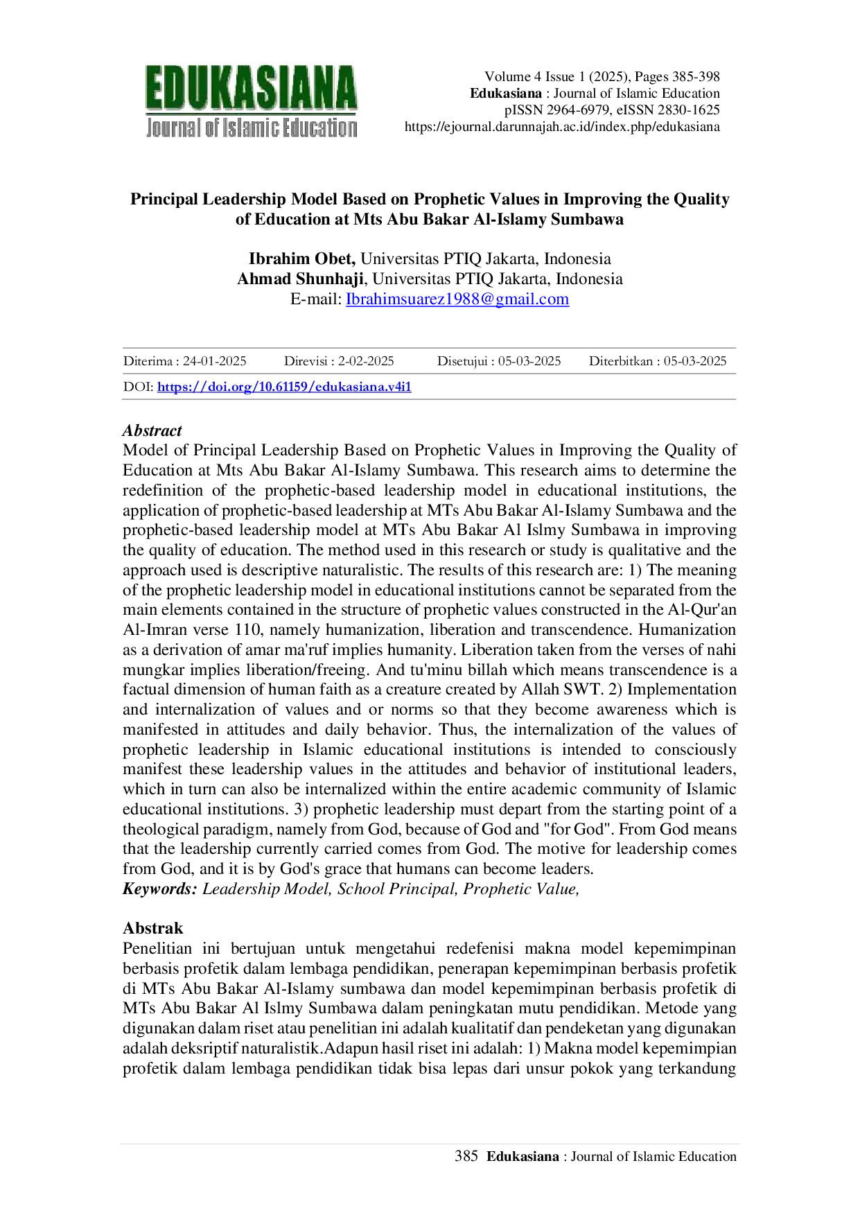 JURIS Principal Leadership Model Based on Prophetic Values in Improving the Quality of Education at Mts Abu Bakar Al Islamy Sumbawa