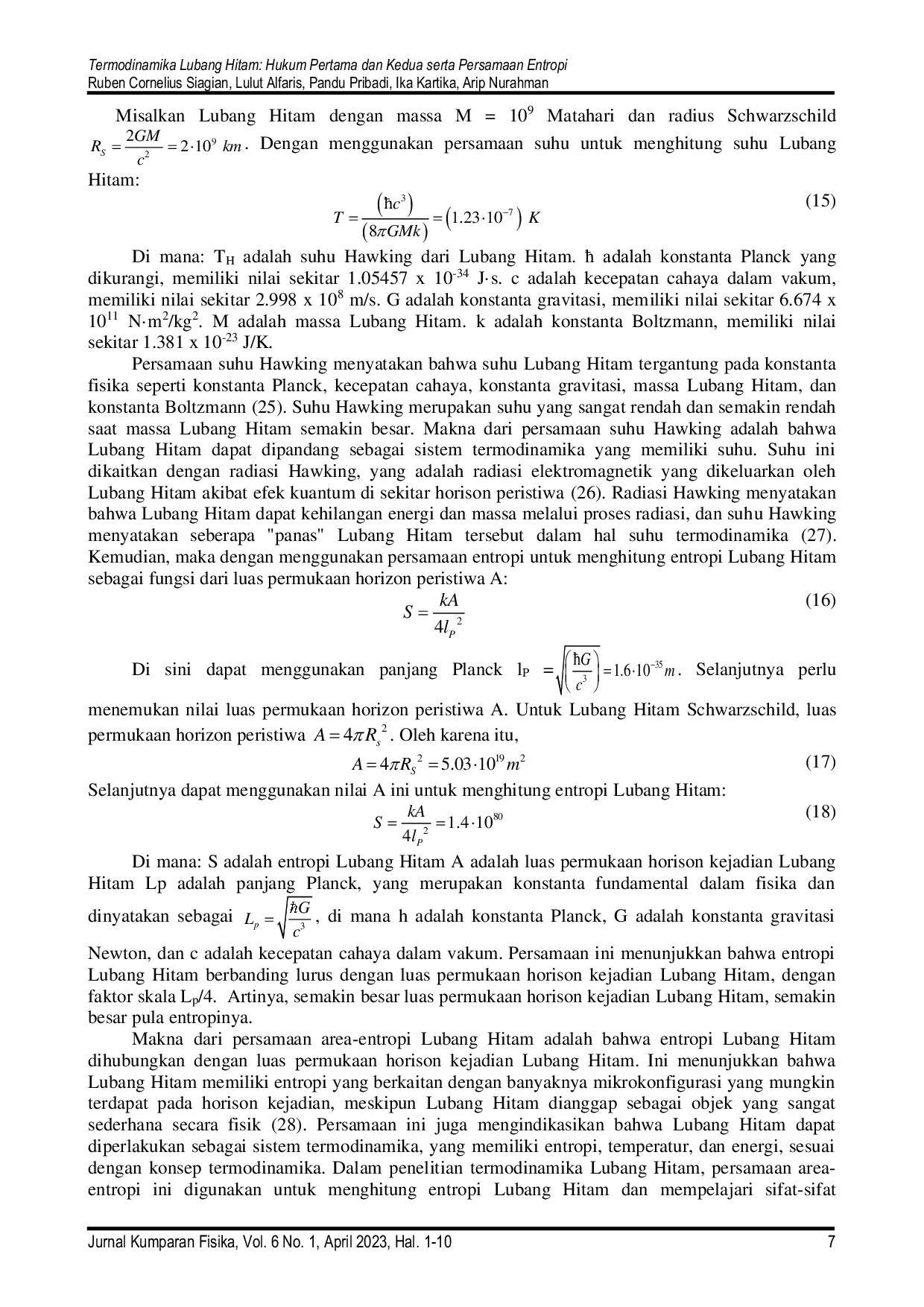 JURIS Termodinamika Lubang Hitam Hukum Pertama Dan Kedua Serta Persamaan Entropi