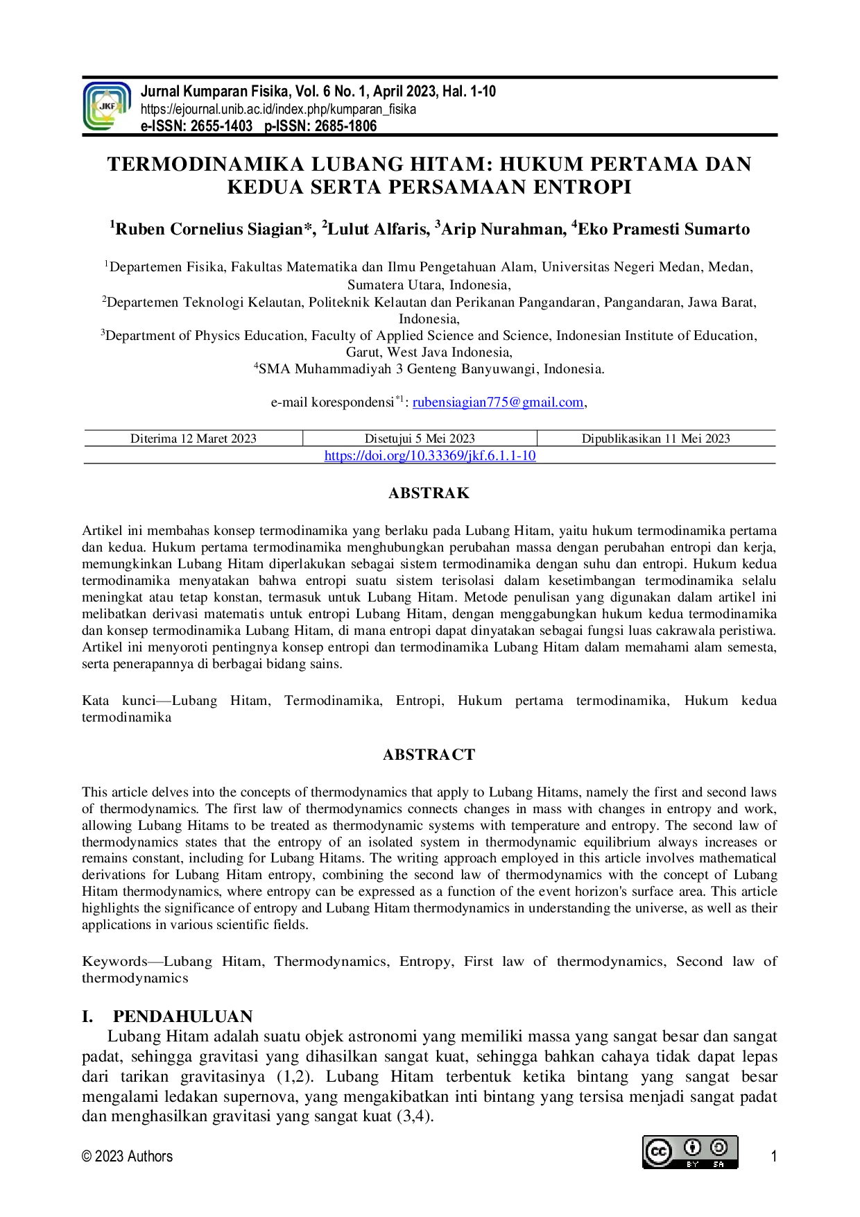 JURIS Termodinamika Lubang Hitam Hukum Pertama Dan Kedua Serta Persamaan Entropi