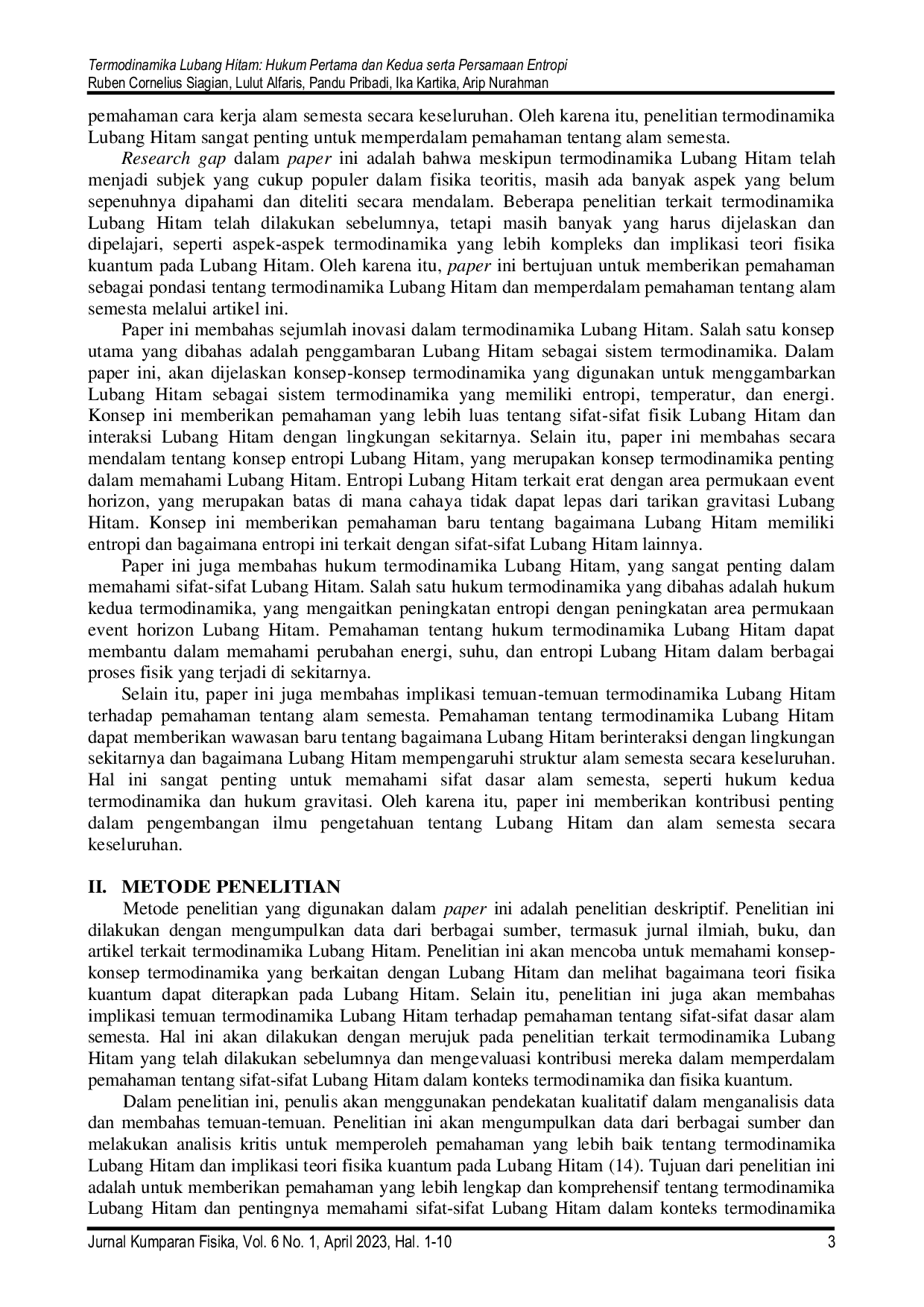 JURIS Termodinamika Lubang Hitam Hukum Pertama Dan Kedua Serta Persamaan Entropi