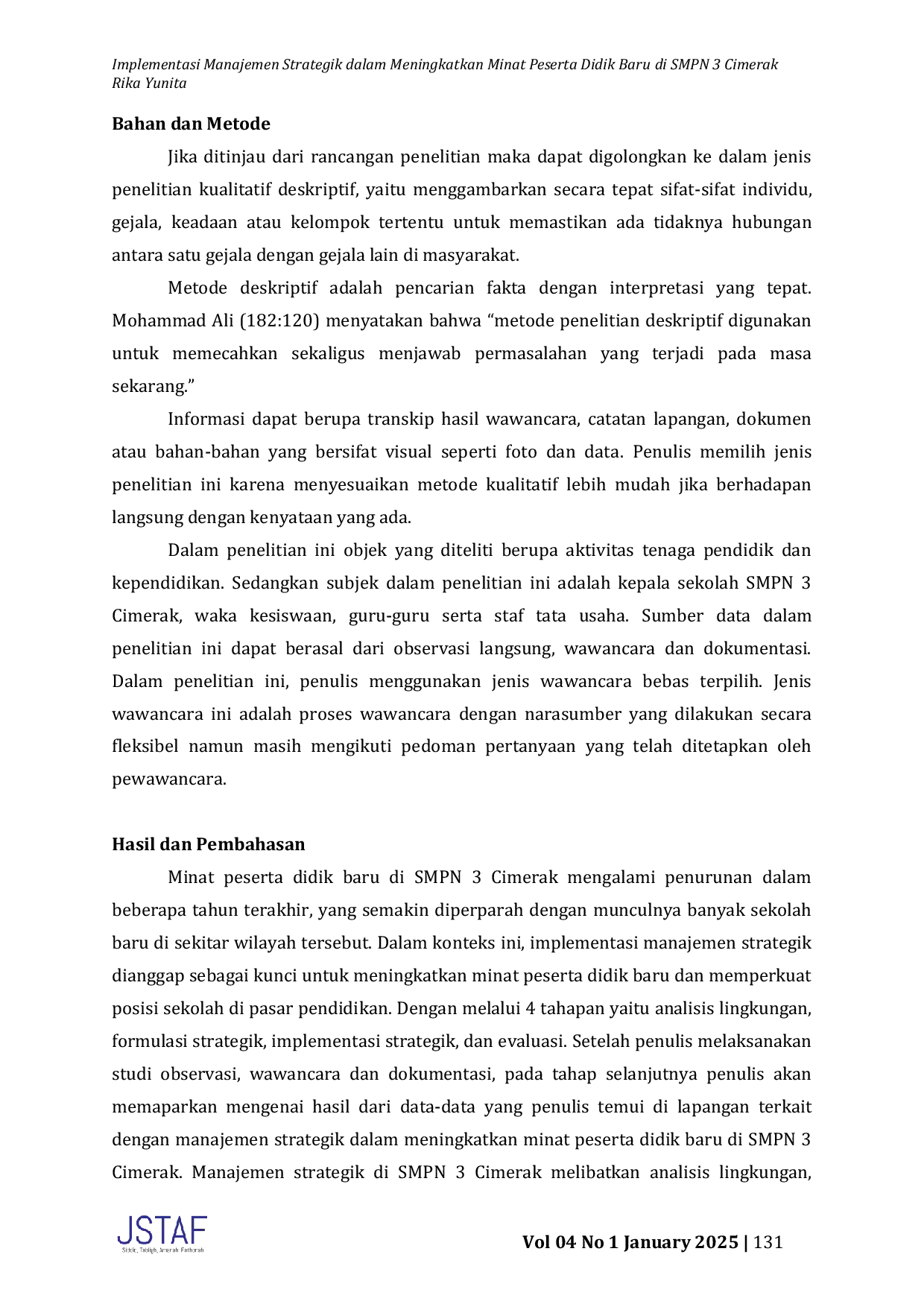 JURIS Implementasi Manajemen Strategik dalam Meningkatkan Minat Peserta Didik Baru di SMPN 3 Cimerak