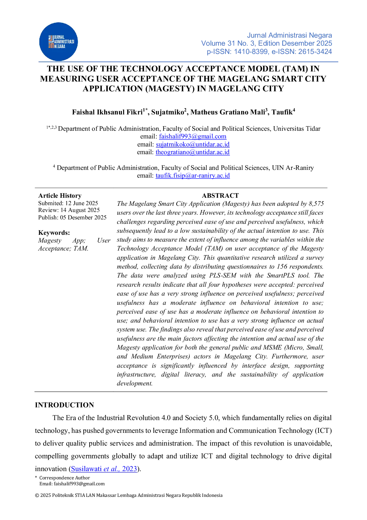 JURIS The Use of the Technology Acceptance Model TAM in Measuring User Acceptance of the Magelang Smart City Application MAGESTY in Magelang City