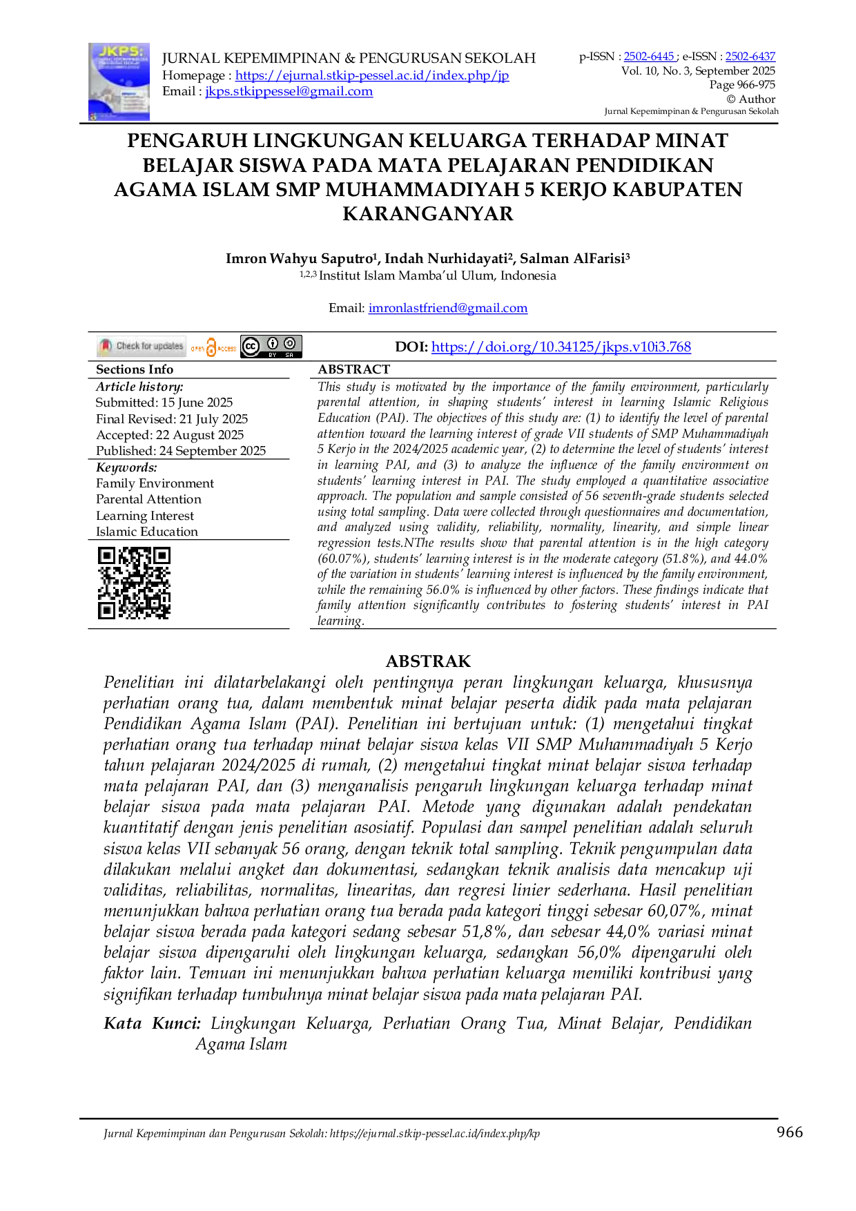 JURIS Pengaruh Lingkungan Keluarga Terhadap Minat Belajar Siswa Pada Mata Pelajaran Pendidikan Agama Islam Smp Muhammadiyah 5 Kerjo Kabupaten Karanganyar