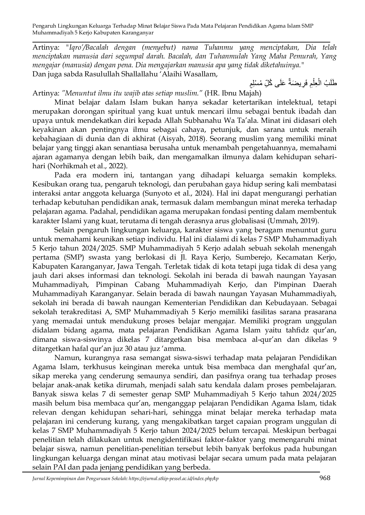 JURIS Pengaruh Lingkungan Keluarga Terhadap Minat Belajar Siswa Pada Mata Pelajaran Pendidikan Agama Islam Smp Muhammadiyah 5 Kerjo Kabupaten Karanganyar