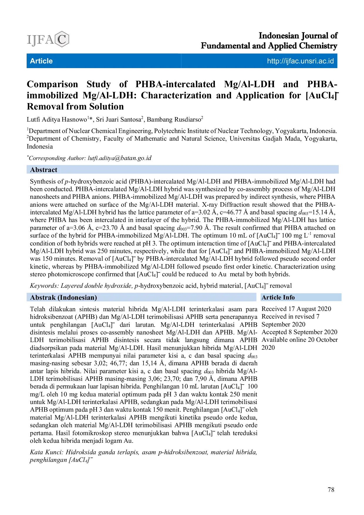 JURIS Comparison Study of PHBA intercalated Mg Al LDH and PHBA immobilized Mg Al LDH Characterization and Application for AuCl4 Removal from Solution