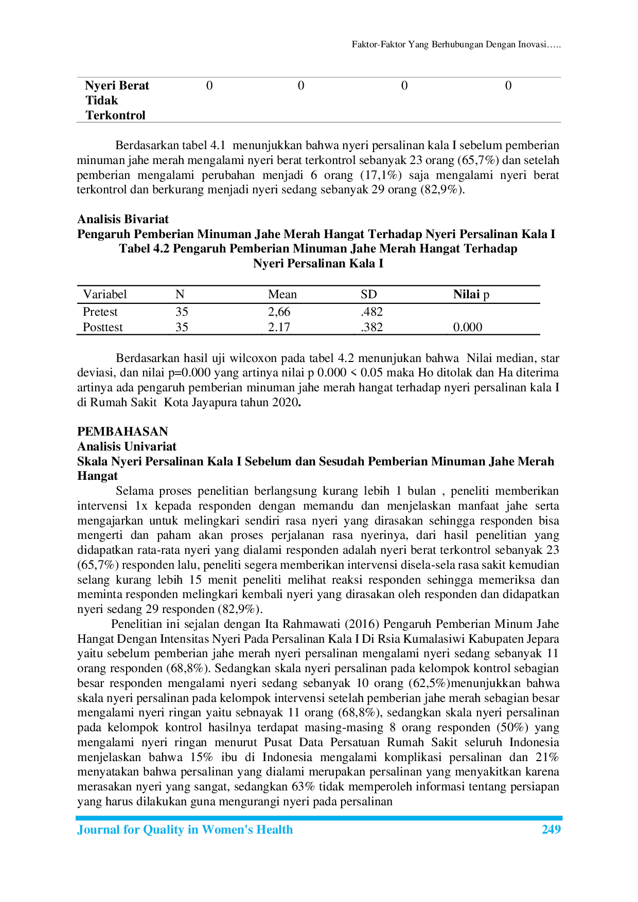 JURIS Pengaruh Pemberian Minuman Jahe Merah Hangat Terhadap Nyeri Persalinan Kala I di Rumah Sakit Kota Jayapura Tahun 2020