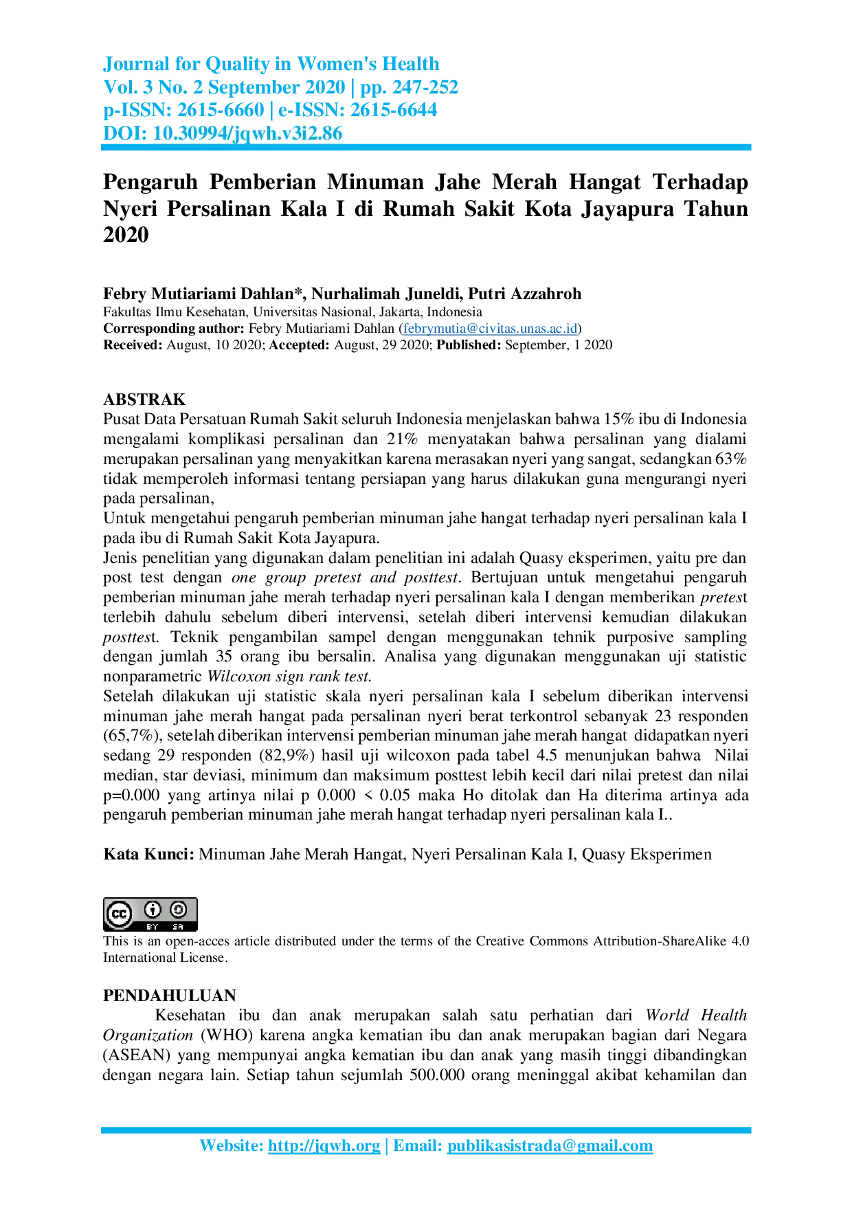 JURIS Pengaruh Pemberian Minuman Jahe Merah Hangat Terhadap Nyeri Persalinan Kala I di Rumah Sakit Kota Jayapura Tahun 2020