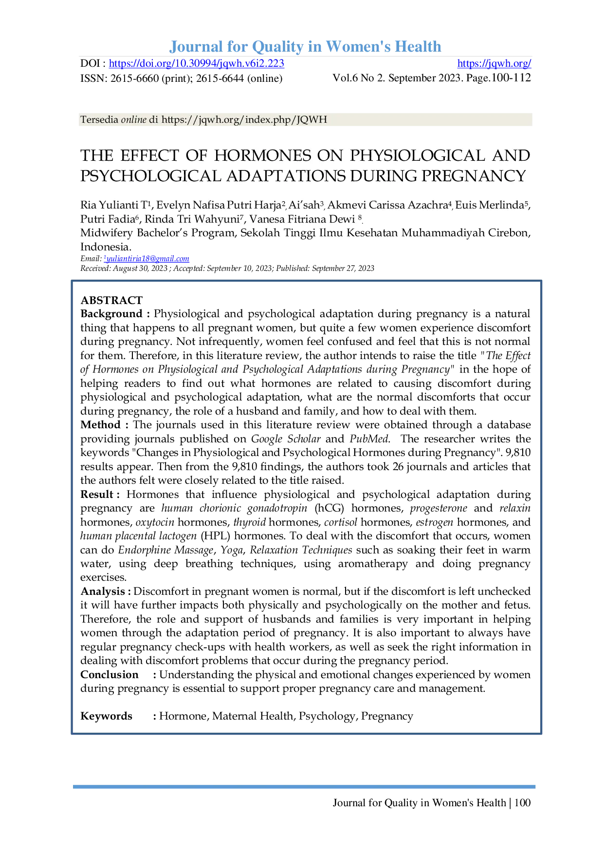 JURIS The Effect Of Hormones On Physiological And Psychological Adaptations During Pregnancy