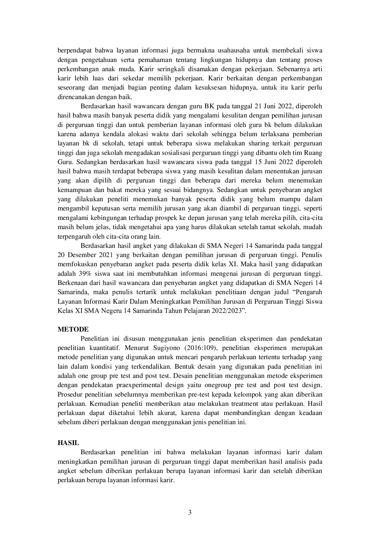 JURIS Pengaruh Layanan Informasi Karir dalam Meningkatkan Pemilihan Jurusan di Perguruan Tinggi Siswa Kelas XI SMA Negeri 14 Samarinda Tahun Ajaran 2022 2023