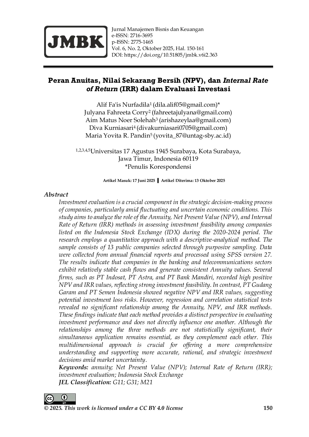 JURIS Peran Anuitas Nilai Sekarang Bersih NPV dan Internal Rate of Return IRR dalam Evaluasi Investasi