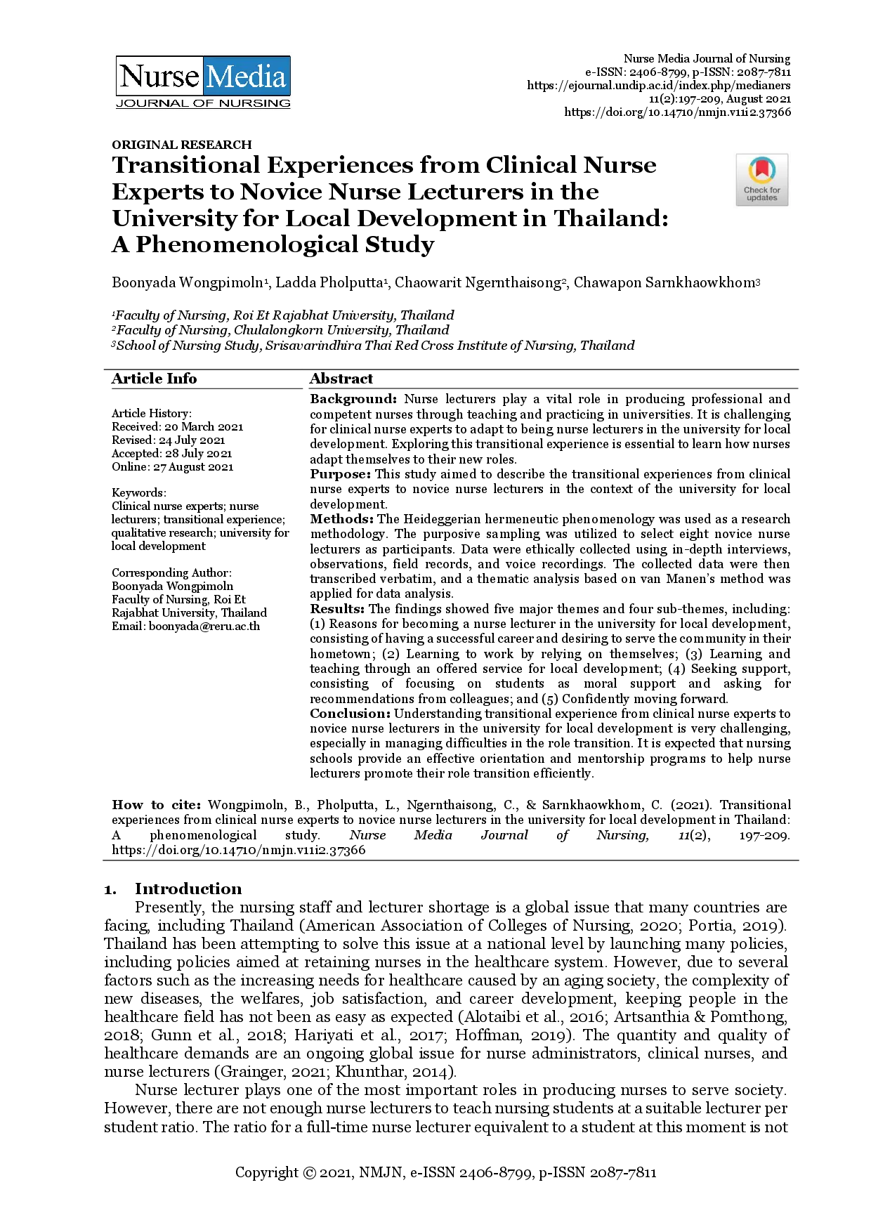 juris Transitional Experiences from Clinical Nurse Experts to Novice Nurse Lecturers in the University for Local Development in Thailand A Phenomenological Study