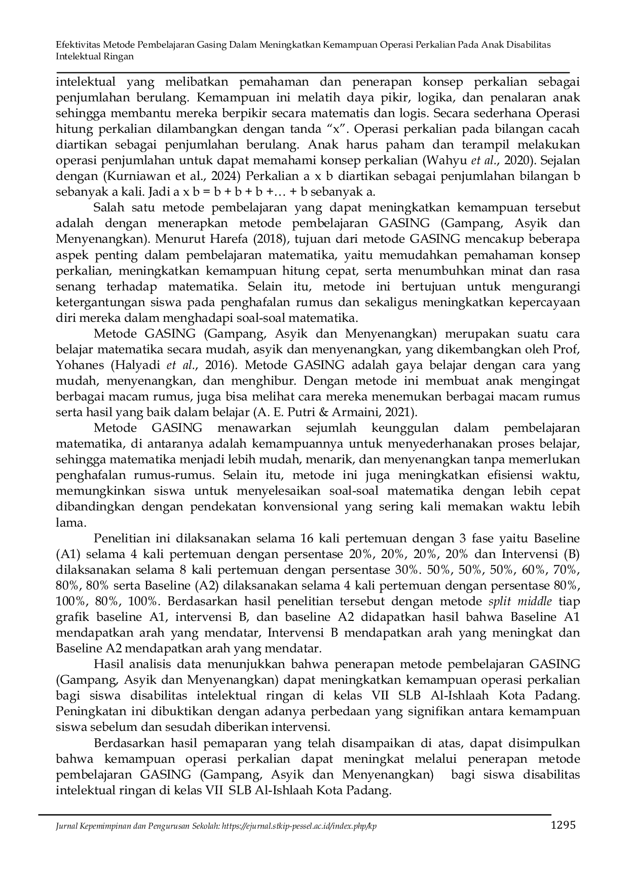 JURIS Efektivitas Metode Pembelajaran Gasing Dalam Meningkatkan Kemampuan Operasi Perkalian Pada Anak Disabilitas Intelektual Ringan
