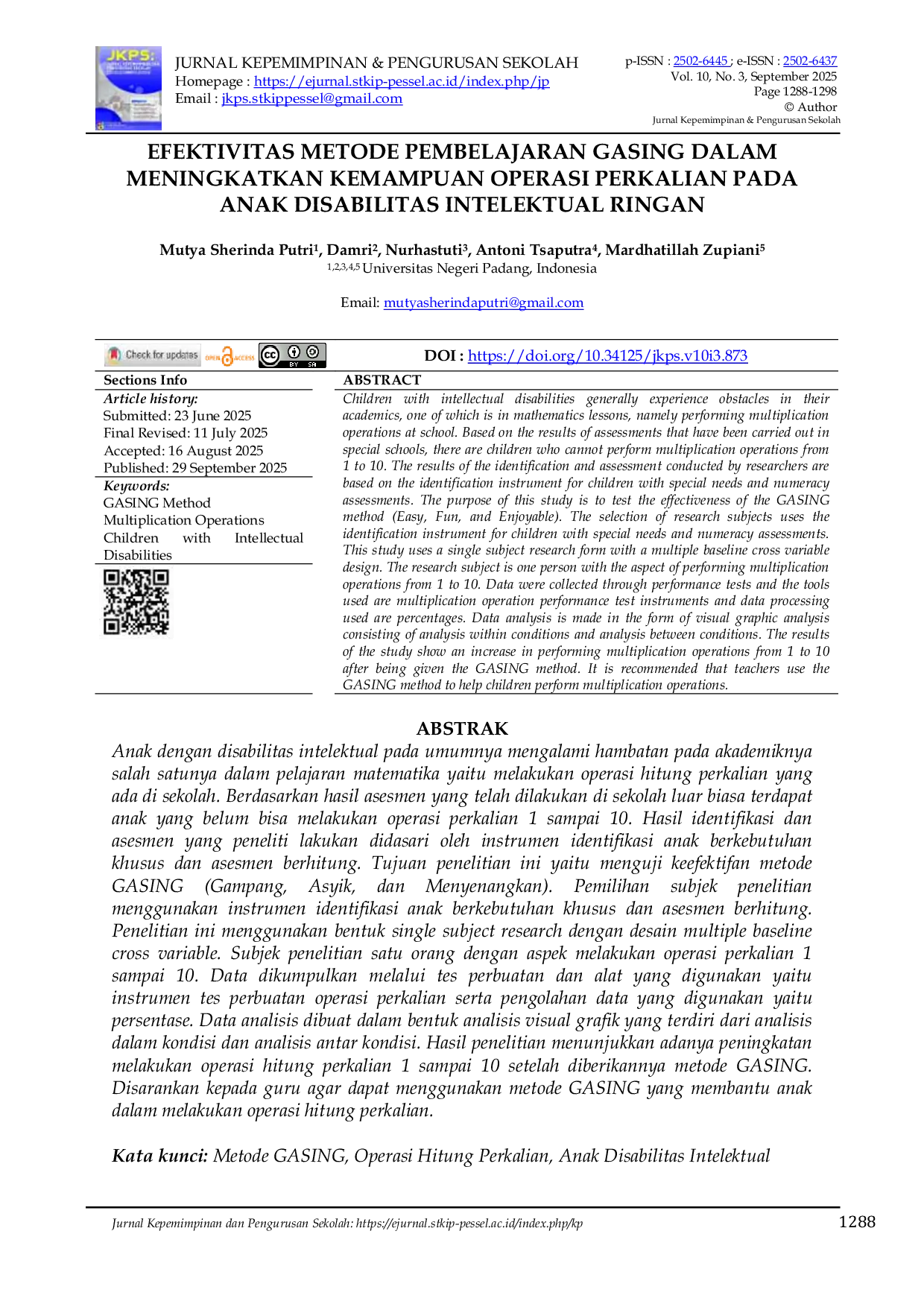 JURIS Efektivitas Metode Pembelajaran Gasing Dalam Meningkatkan Kemampuan Operasi Perkalian Pada Anak Disabilitas Intelektual Ringan
