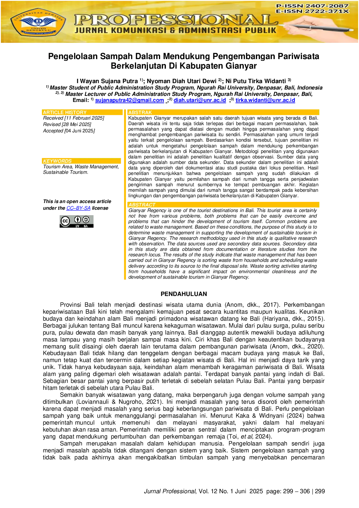 JURIS Pengelolaan Sampah Dalam Mendukung Pengembangan Pariwisata Berkelanjutan Di Kabupaten Gianyar