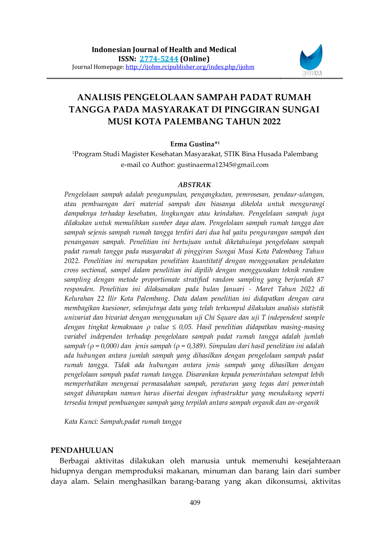 JURIS Analisis Pengelolaan Sampah Padat Rumah Tangga Pada Masyarakat Di Pinggiran Sungai Musi Kota Palembang Tahun 2022