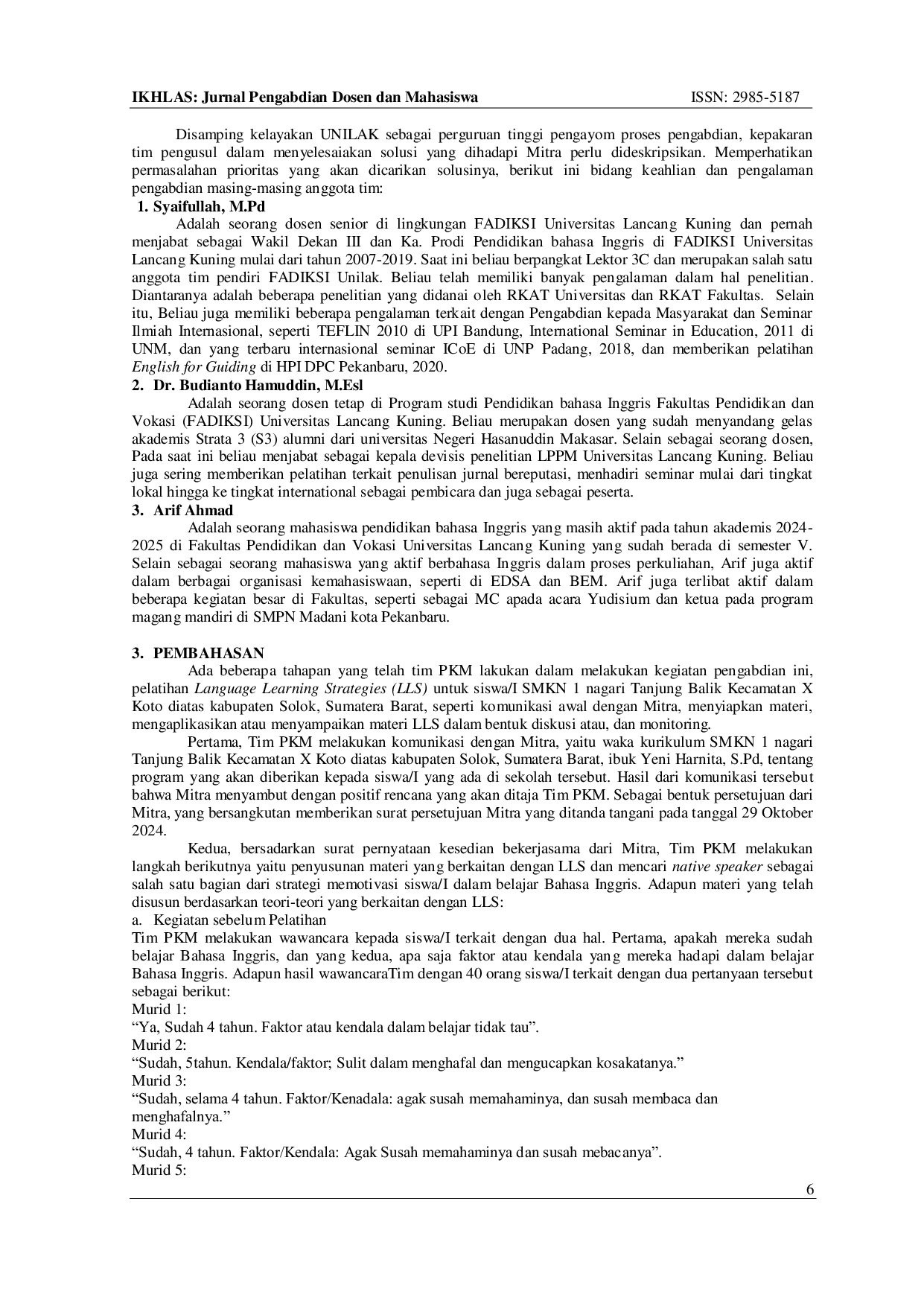 JURIS Pelatihan LLS Language Learning Strategies Untuk Pelajar Sekolah Menengah Nagari Tanjung Balik Solok SUMBAR