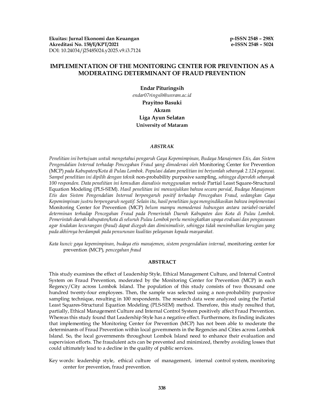 JURIS Implementation Of The Monitoring Center For Prevention As A Moderating Determinant Of Fraud Prevention