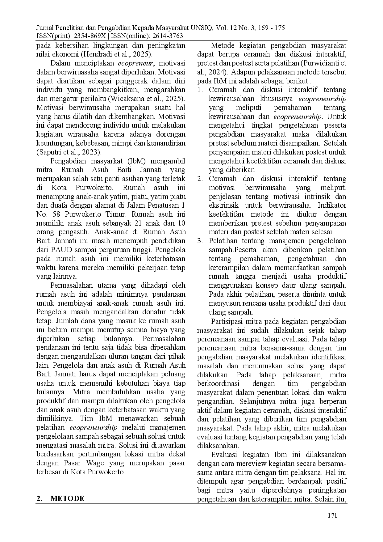 juris Peningkatan Kualitas Sumber Daya Manusia Melalui Pelatihan Ecopreneurship Dan Manajemen Pengelolaan Sampah