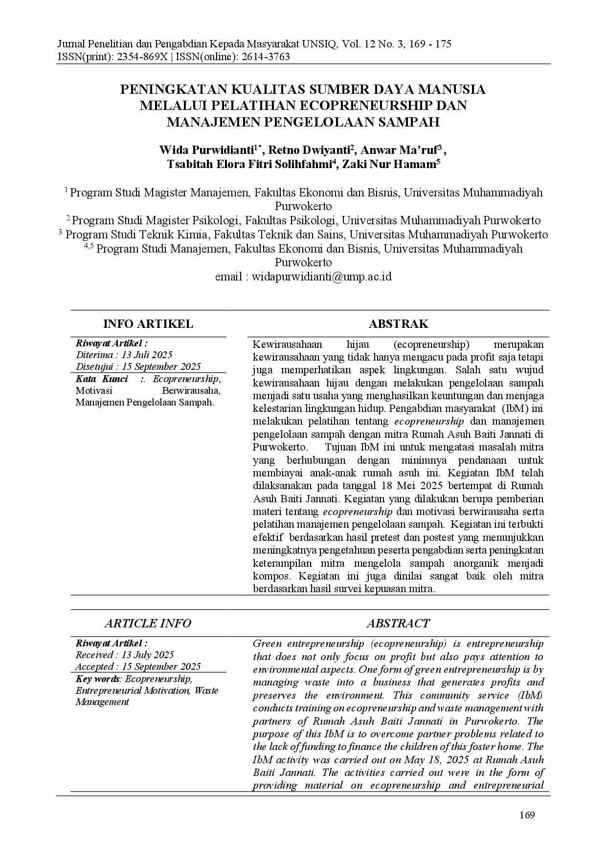 juris Peningkatan Kualitas Sumber Daya Manusia Melalui Pelatihan Ecopreneurship Dan Manajemen Pengelolaan Sampah