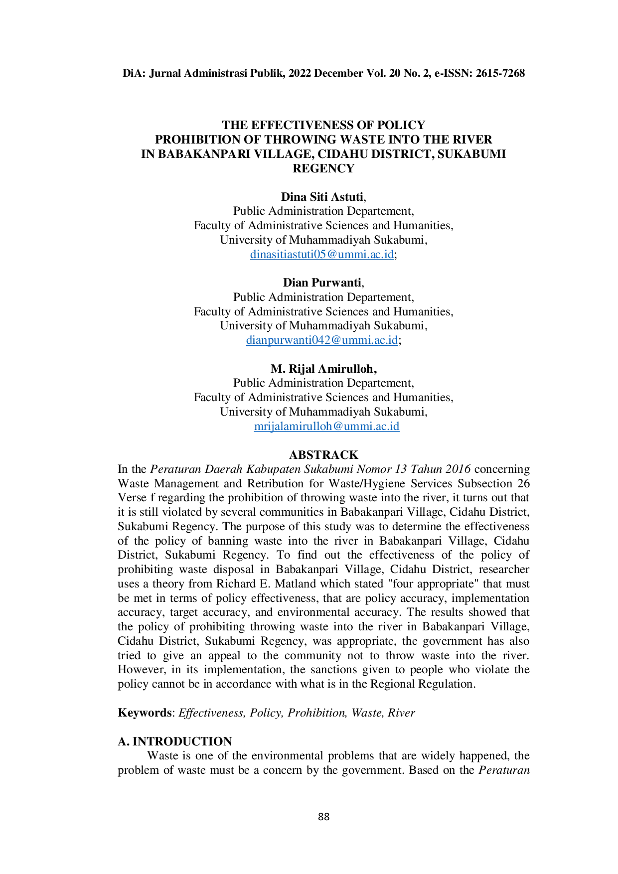 JURIS The Effectiveness of Policy Prohibition of Throwing Waste into the River in Babakanpari Village Cidahu District Sukabumi Regency