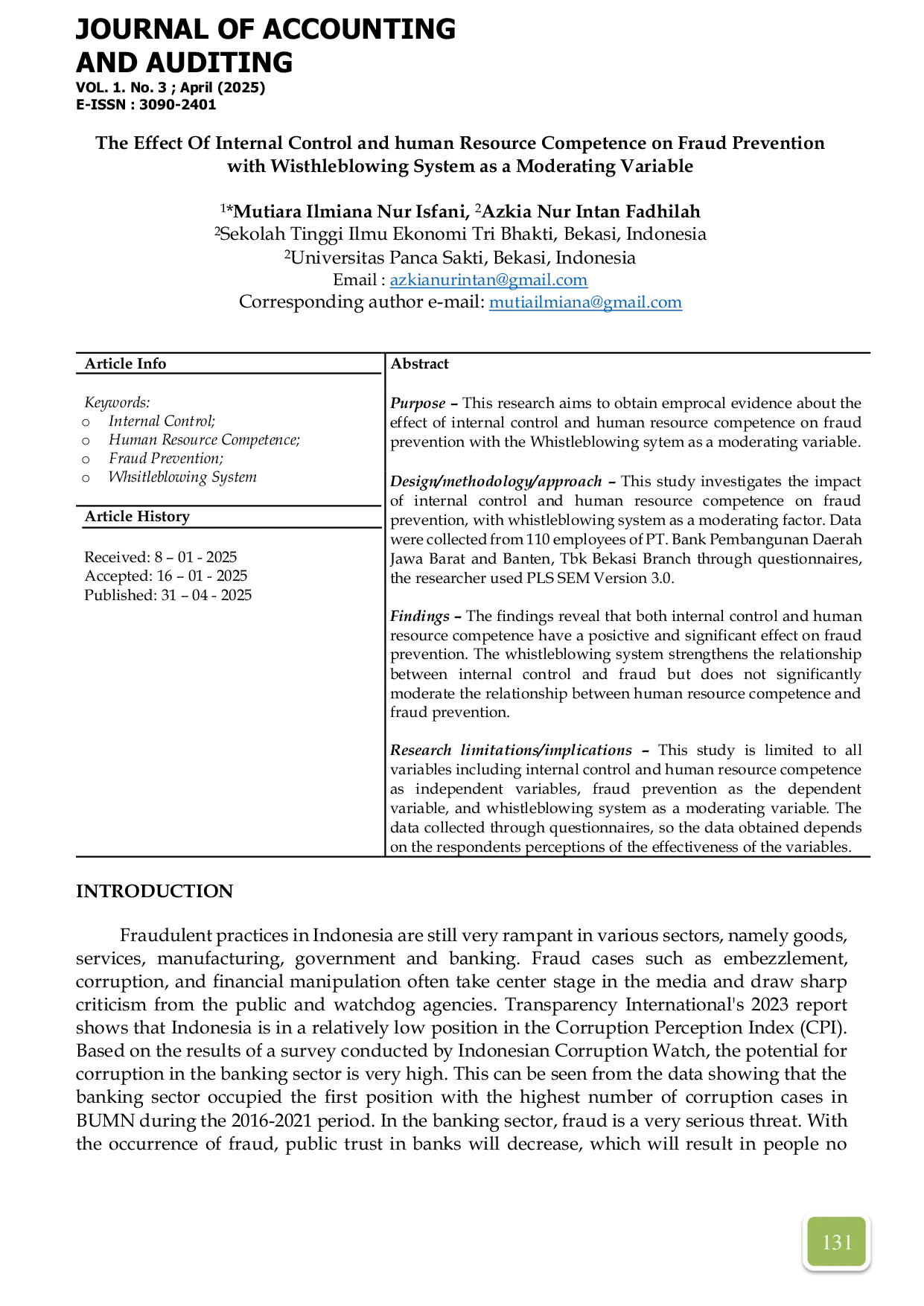 JURIS The Effect Of Internal Control and human Resource Competence on Fraud Prevention with Wisthleblowing System as a Moderating Variable