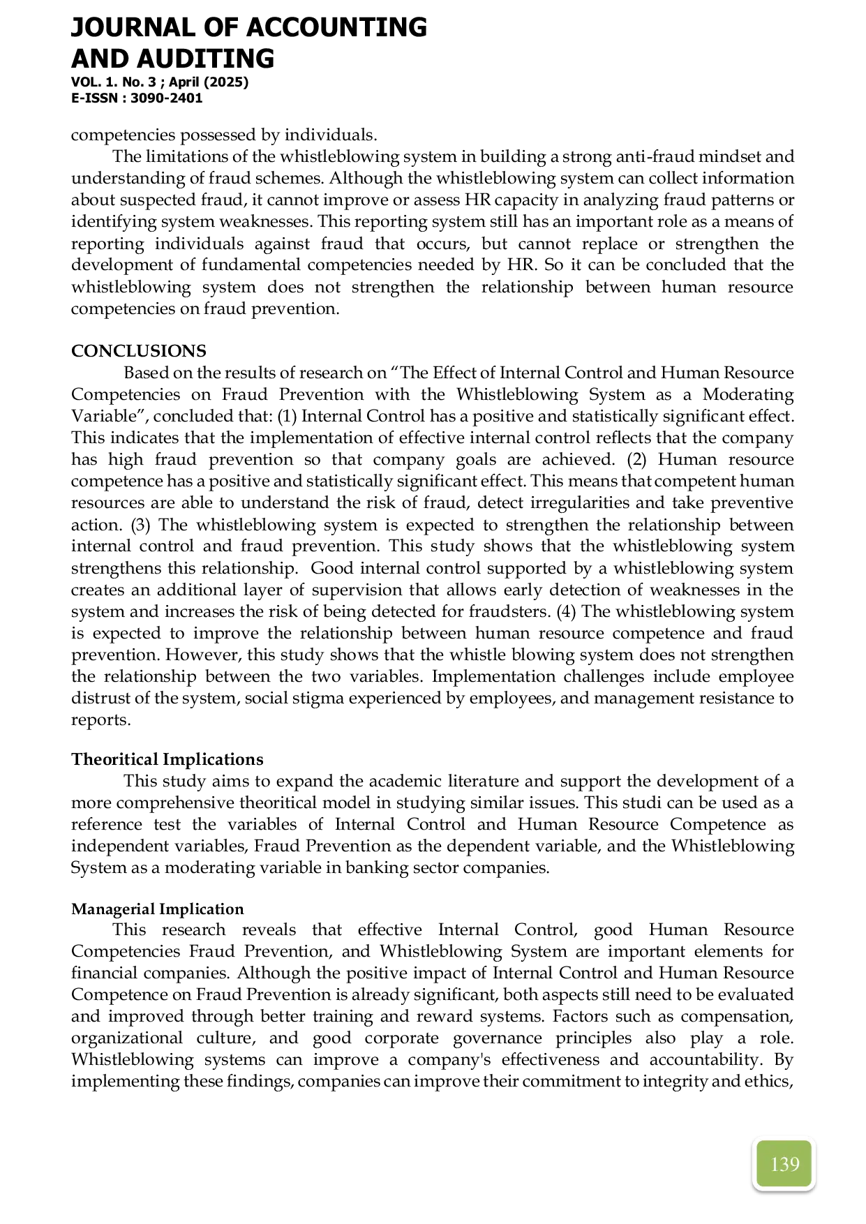 JURIS The Effect Of Internal Control and human Resource Competence on Fraud Prevention with Wisthleblowing System as a Moderating Variable