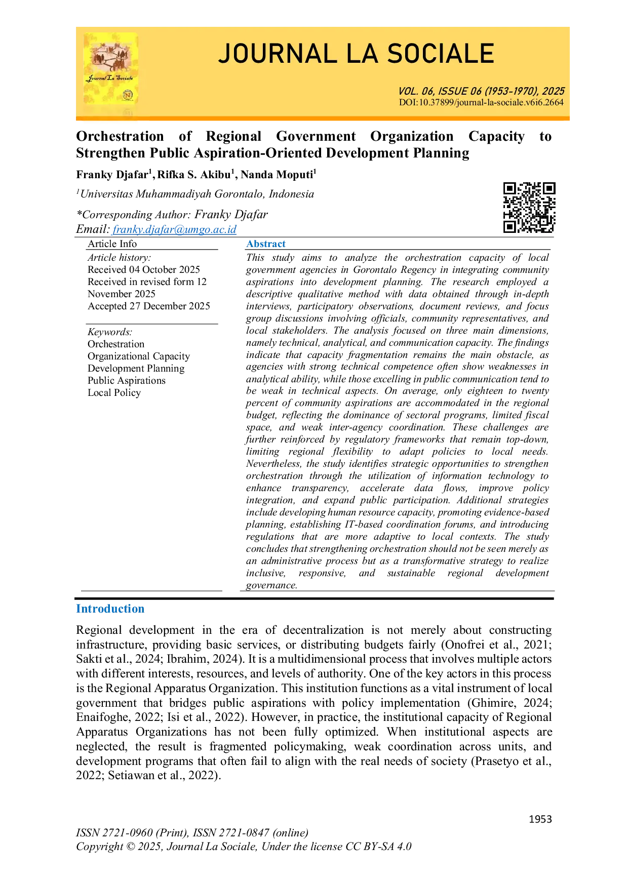 JURIS Orchestration of Regional Government Organization Capacity to Strengthen Public Aspiration Oriented Development Planning