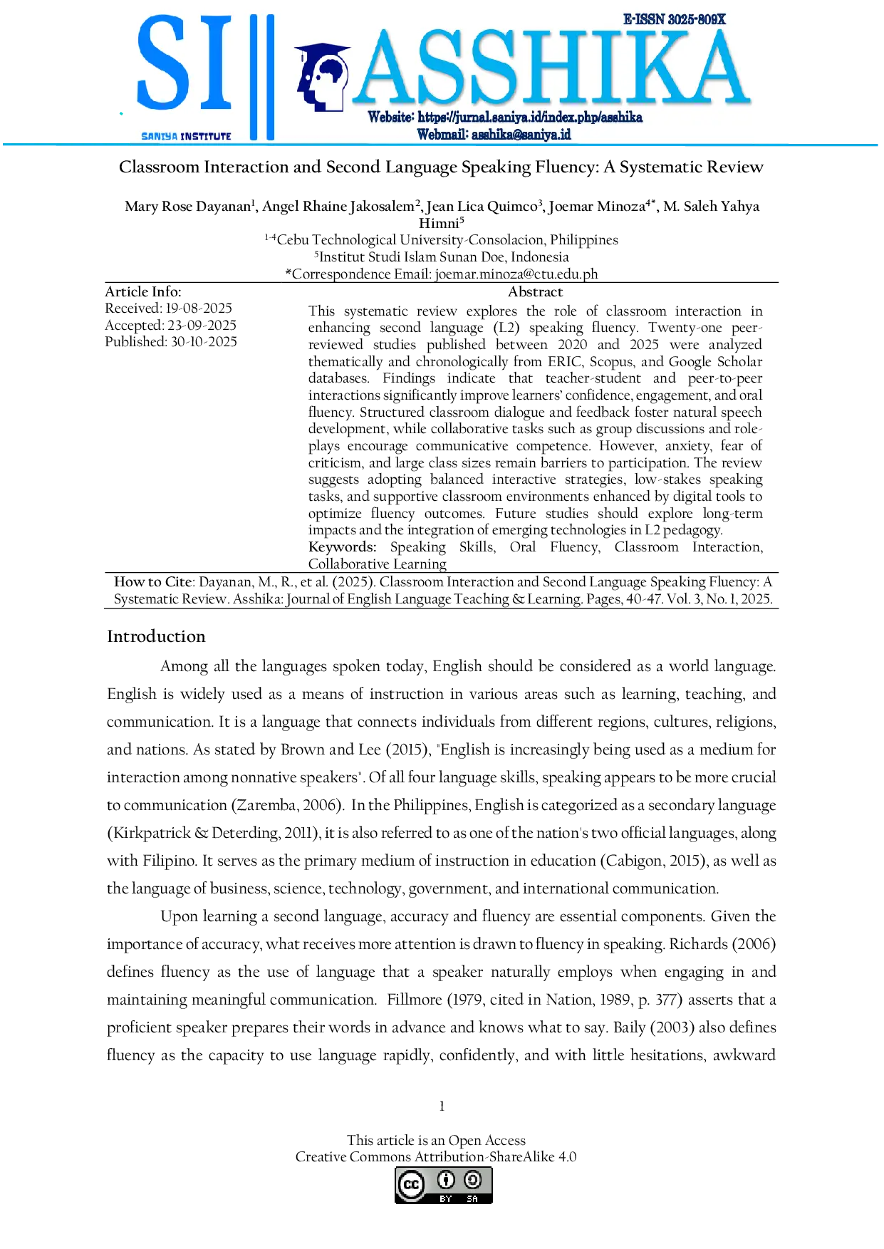 JURIS Classroom Interaction and Second Language Speaking Fluency A Systematic Review