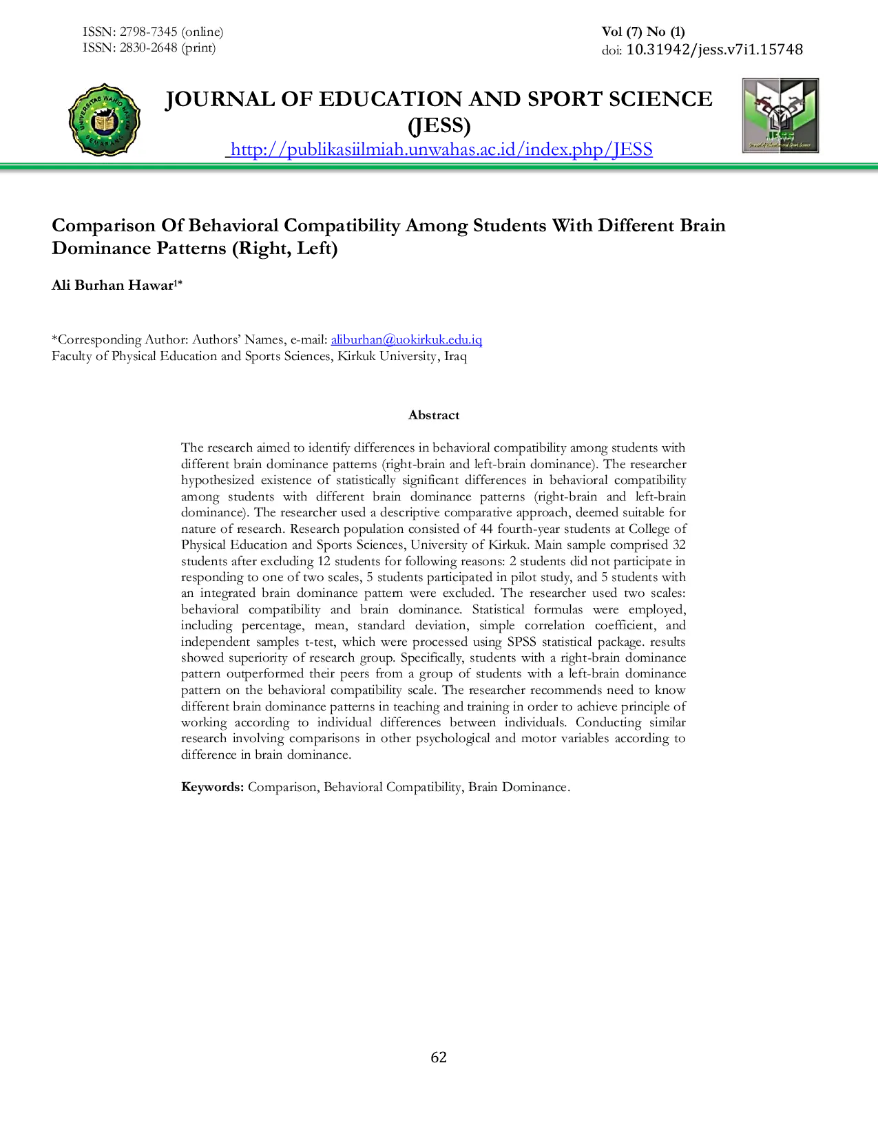 JURIS Comparison of Behavioral Compatibility Among Students with Different Brain Dominance Patterns Right Left