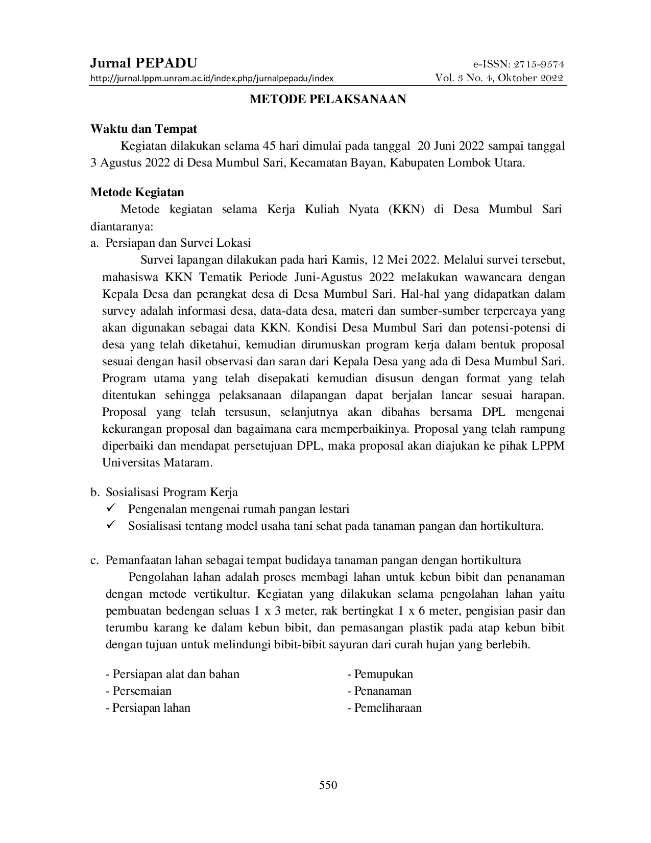 JURIS Penerapan Model Usaha Tani Sehat Tanaman Pangan Dan Hortikultura Di Desa Mumbul Sari Kecamatan Bayan Kabupaten Lombok Utara