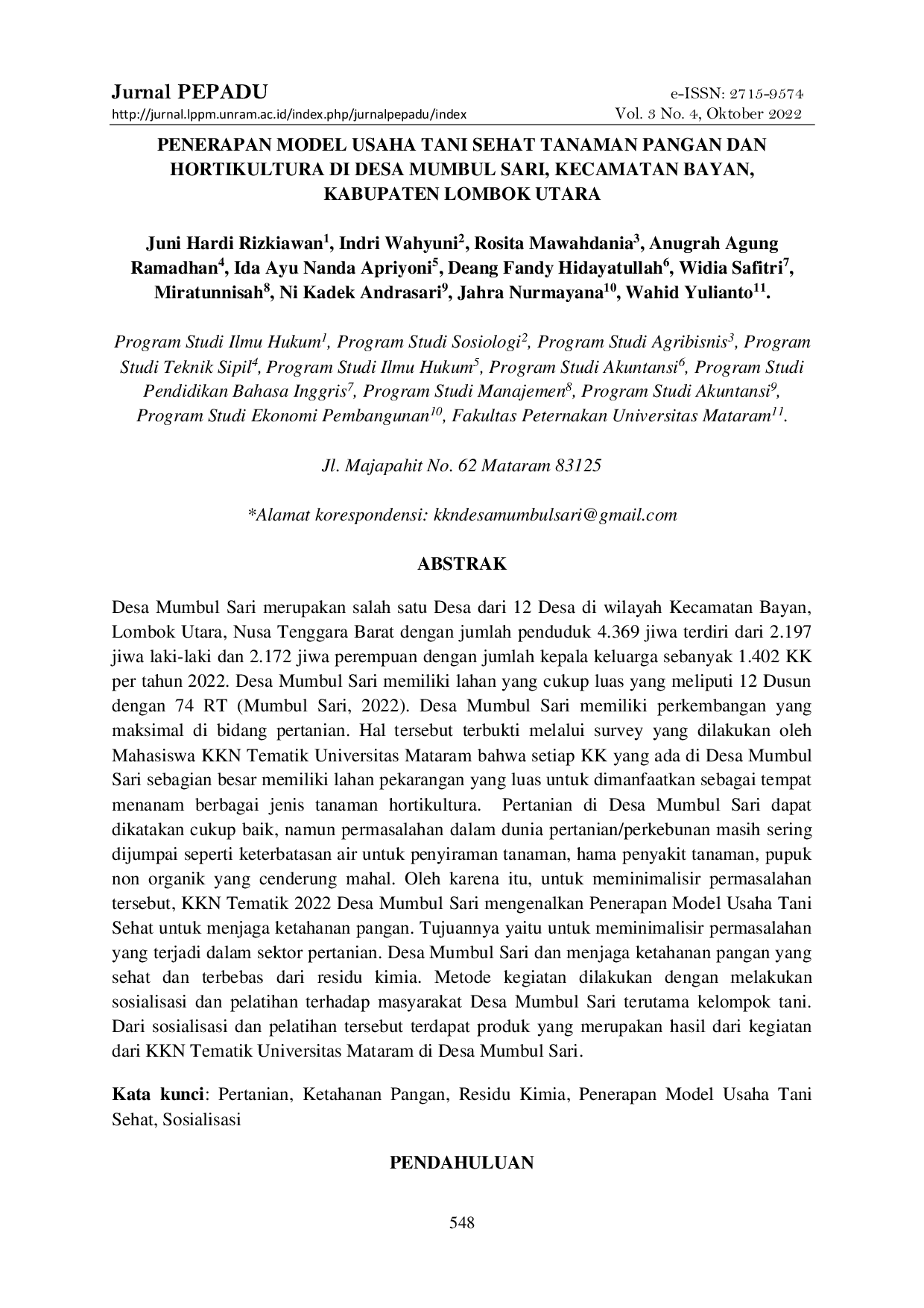 JURIS Penerapan Model Usaha Tani Sehat Tanaman Pangan Dan Hortikultura Di Desa Mumbul Sari Kecamatan Bayan Kabupaten Lombok Utara