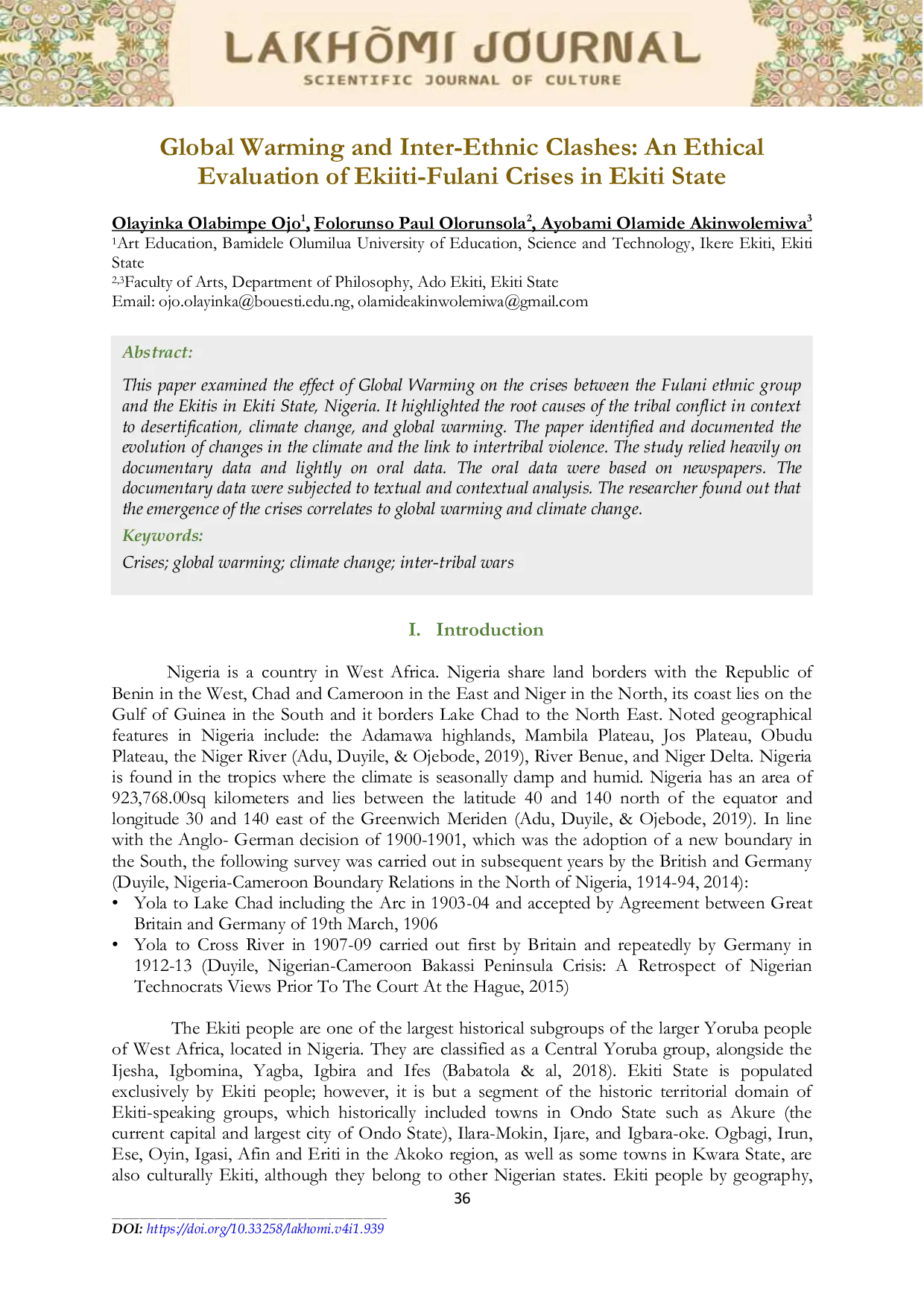 JURIS Global Warming and Inter Ethnic Clashes An Ethical Evaluation of Ekiiti Fulani Crises in Ekiti State