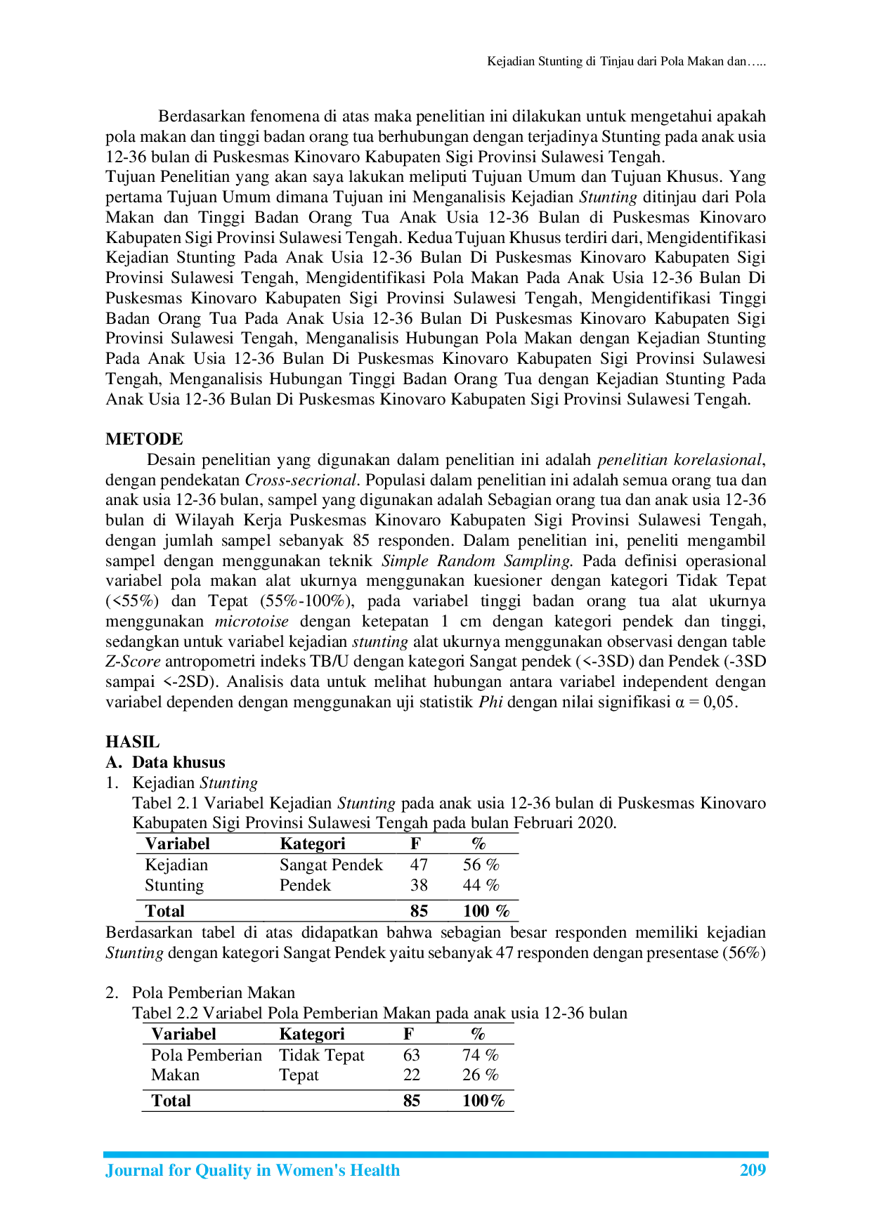 JURIS Kejadian Stunting di Tinjau dari Pola Makan dan Tinggi Badan Orang Tua Anak Usia 12 36 Bulan di Puskesmas Kinoivaro Kabupaten Sigi Provinsi Sulawesi Tengah