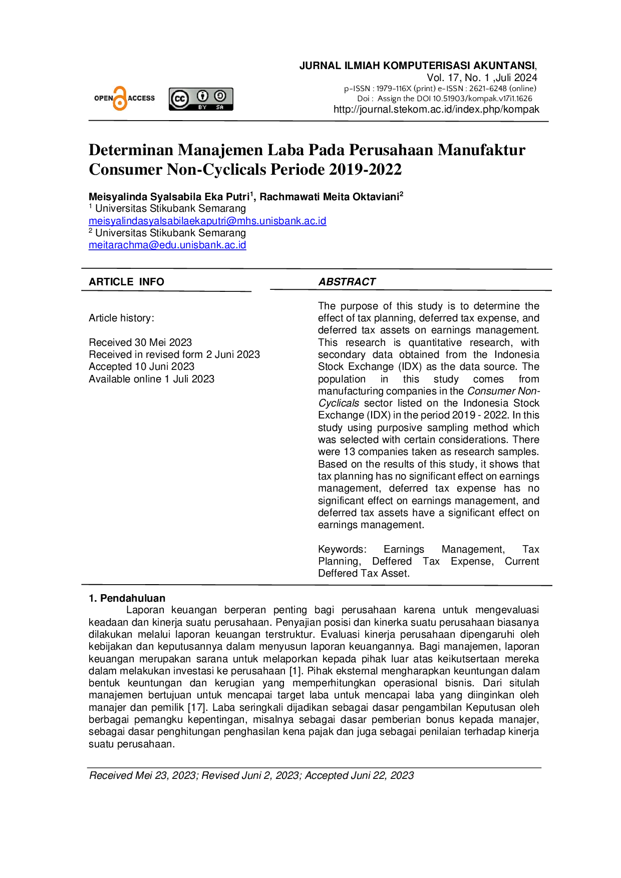 JURIS Determinan Manajemen Laba Pada Perusahaan Manufaktur Consumer Non Cyclicals Periode 2019 2022