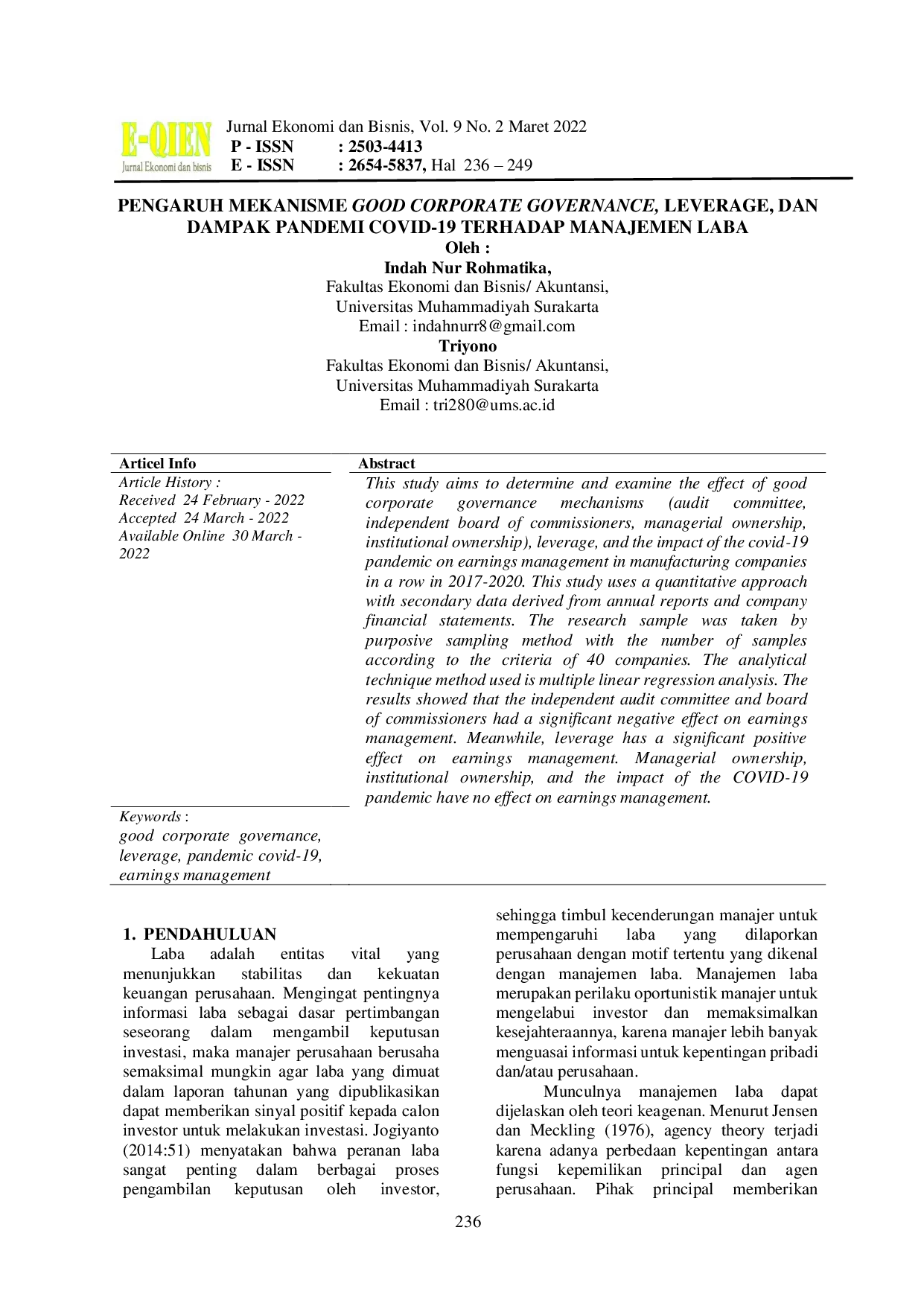 JURIS Pengaruh Mekanisme Good Corporate Governance Leverage Dan Dampak Pandemi Covid 19 Terhadap Manajemen Laba
