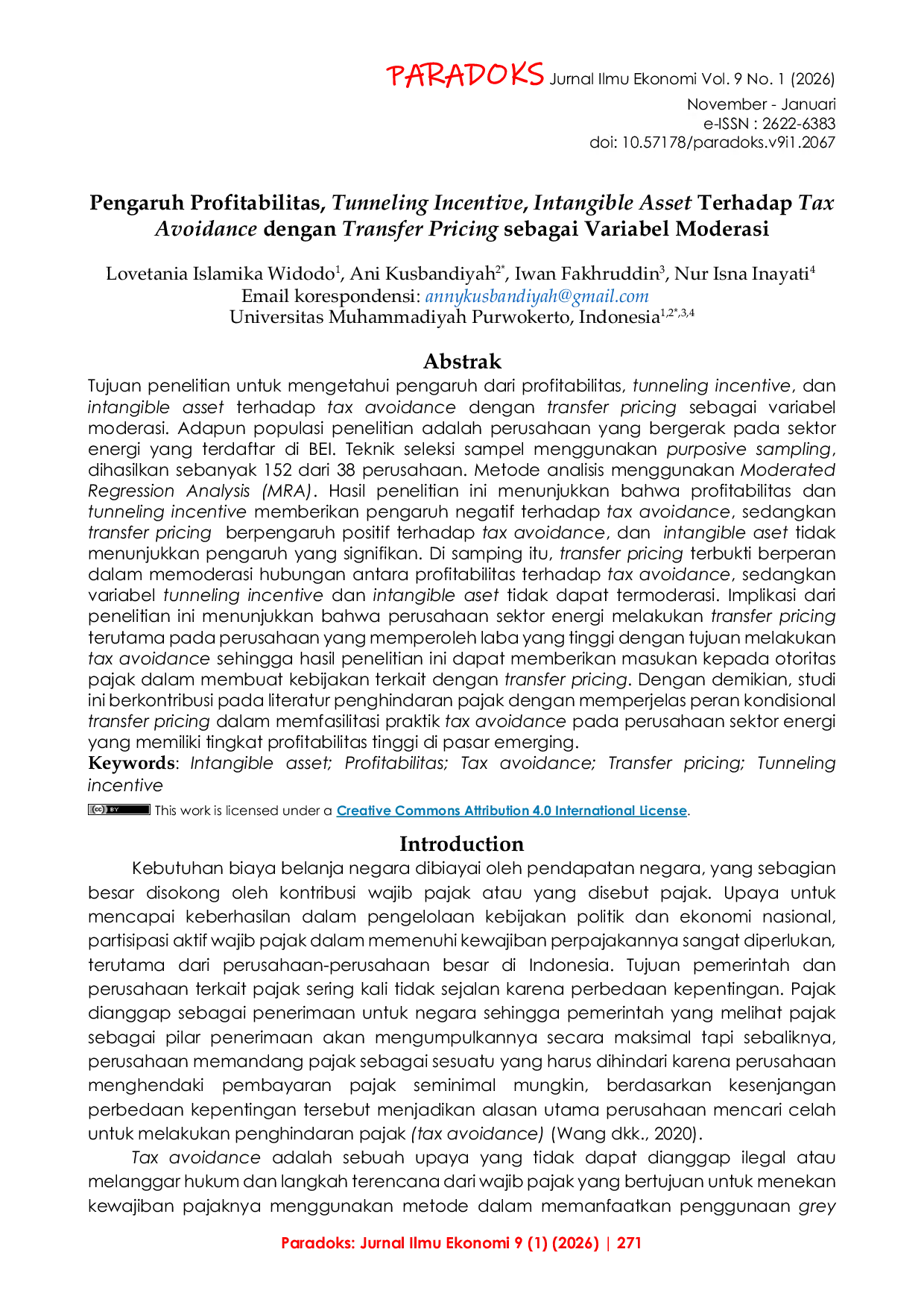 JURIS Pengaruh Profitabilitas Tunneling Incentive Intangible Asset Terhadap Tax Avoidance dengan Transfer Pricing sebagai Variabel Moderasi