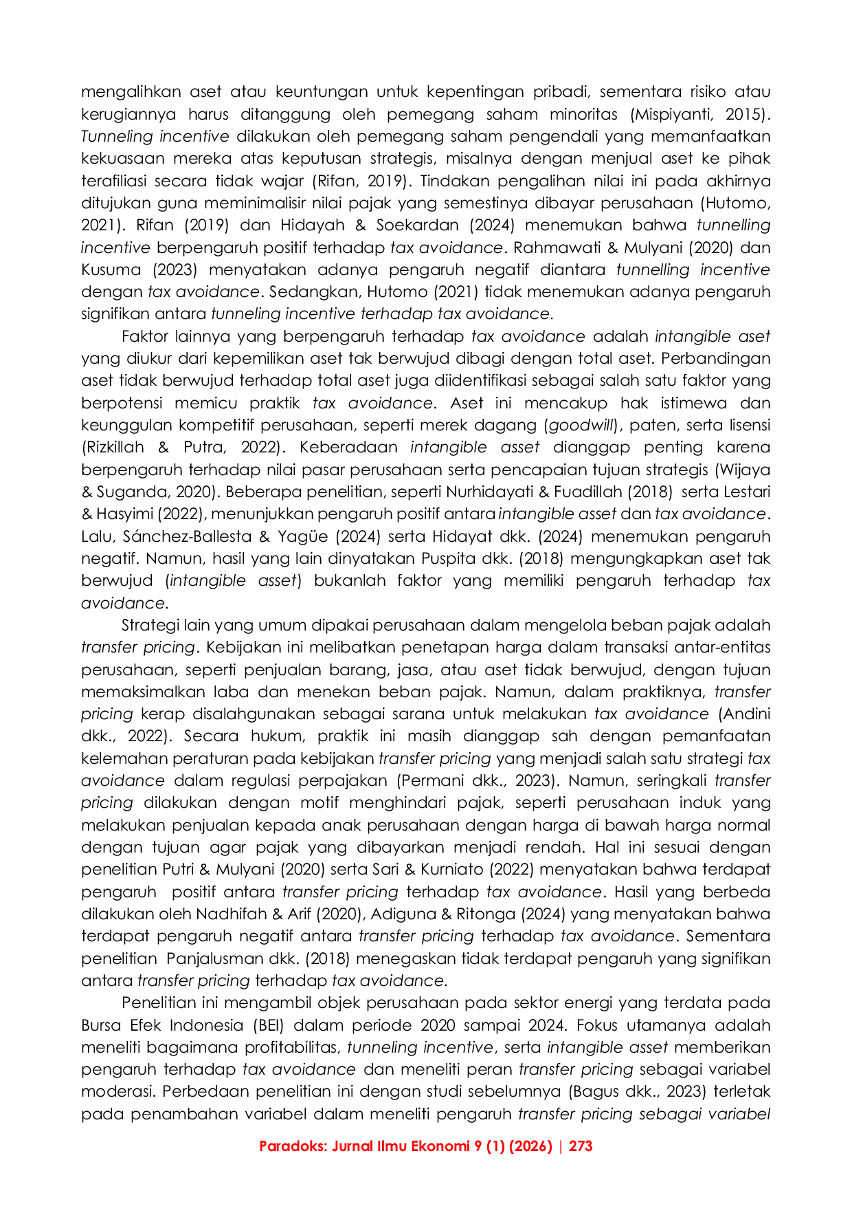 JURIS Pengaruh Profitabilitas Tunneling Incentive Intangible Asset Terhadap Tax Avoidance dengan Transfer Pricing sebagai Variabel Moderasi